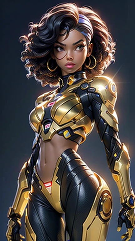 Beautiful cybernetic African American girl looking at camera in underwear detailed muscles realistic masterpiece, Pose ativa, Action Pose, luz LED, Gold Parts, franja, cabelo curto, vista traseira, costas