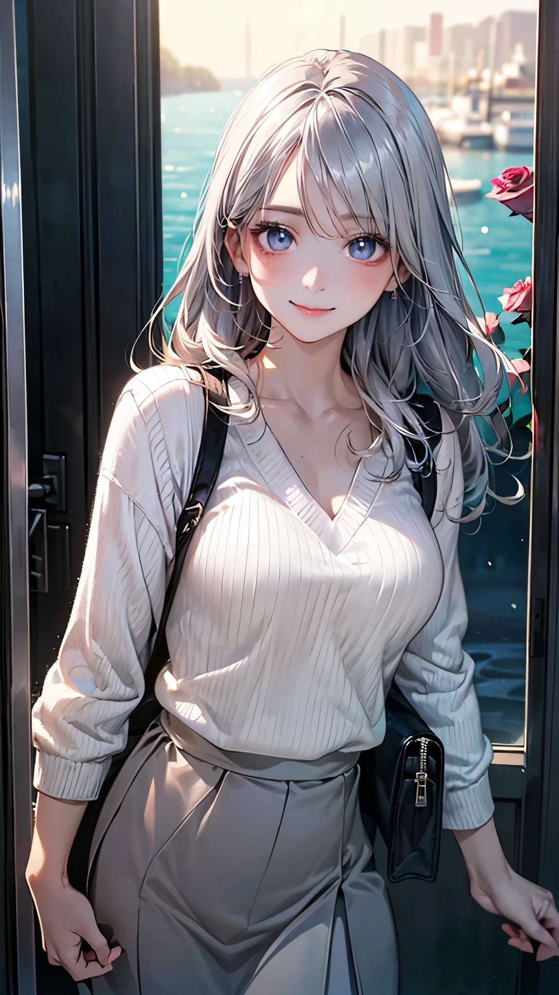 (masterpiece:1.2, top-quality), (realistic, photorealistic:1.4), beautiful illustration, (natural side lighting, movie lighting), ,
looking at viewer, (face focus, upper body), cowboy shot, 1 girl, japanese, high school girl, perfect face, babyface, (perfect anatomy:1.4), cute and symmetrical face, white skin, shiny skin,
(long hair:1.2, straight hair:1.2, silver hair), bangs, blue eyes, big eyes, long eye lasher, (large breasts), slender,
beautiful hair, beautiful face, beautiful detailed eyes, beautiful clavicle, beautiful body, beautiful chest, beautiful thigh, beautiful legs, beautiful hands,
(detailed cloth texture, (pastel colors), parl-white sweater, rose-grey long skirt, black shoulder bag),
(beautiful scenery), winter, evening, ((glass-enclosed undersea tunnel)), walking, (happy smile),