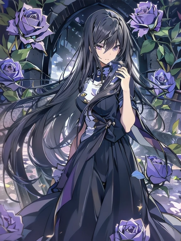 masterpiece, best quality, 1 girl,solo,codegeass,lelouch,Feminization、Feminization,18-year-old、 Long Hair、Black Hair、beautiful purple eyes、Beautiful Hair、170cm, Small waist、Beautiful body、Beautiful breasts、A purple summer dress that reflects the whole body、Blue rose corsage