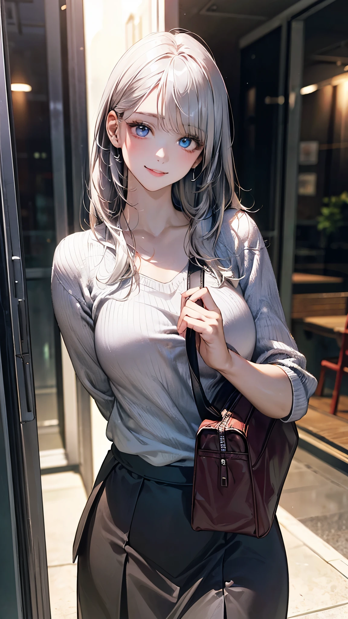 (masterpiece:1.2, top-quality), (realistic, photorealistic:1.4), beautiful illustration, (natural side lighting, movie lighting), ,
looking at viewer, (face focus, upper body), cowboy shot, 1 girl, japanese, high school girl, perfect face, babyface, (perfect anatomy:1.4), cute and symmetrical face, white skin, shiny skin,
(long hair:1.2, straight hair:1.2, silver hair), bangs, blue eyes, big eyes, long eye lasher, (large breasts), slender,
beautiful hair, beautiful face, beautiful detailed eyes, beautiful clavicle, beautiful body, beautiful chest, beautiful thigh, beautiful legs, beautiful hands,
(detailed cloth texture, (pastel colors), parl-white sweater, rose-grey long skirt, black shoulder bag),
(beautiful scenery), winter, evening, ((glass-enclosed undersea tunnel)), walking, (happy smile),