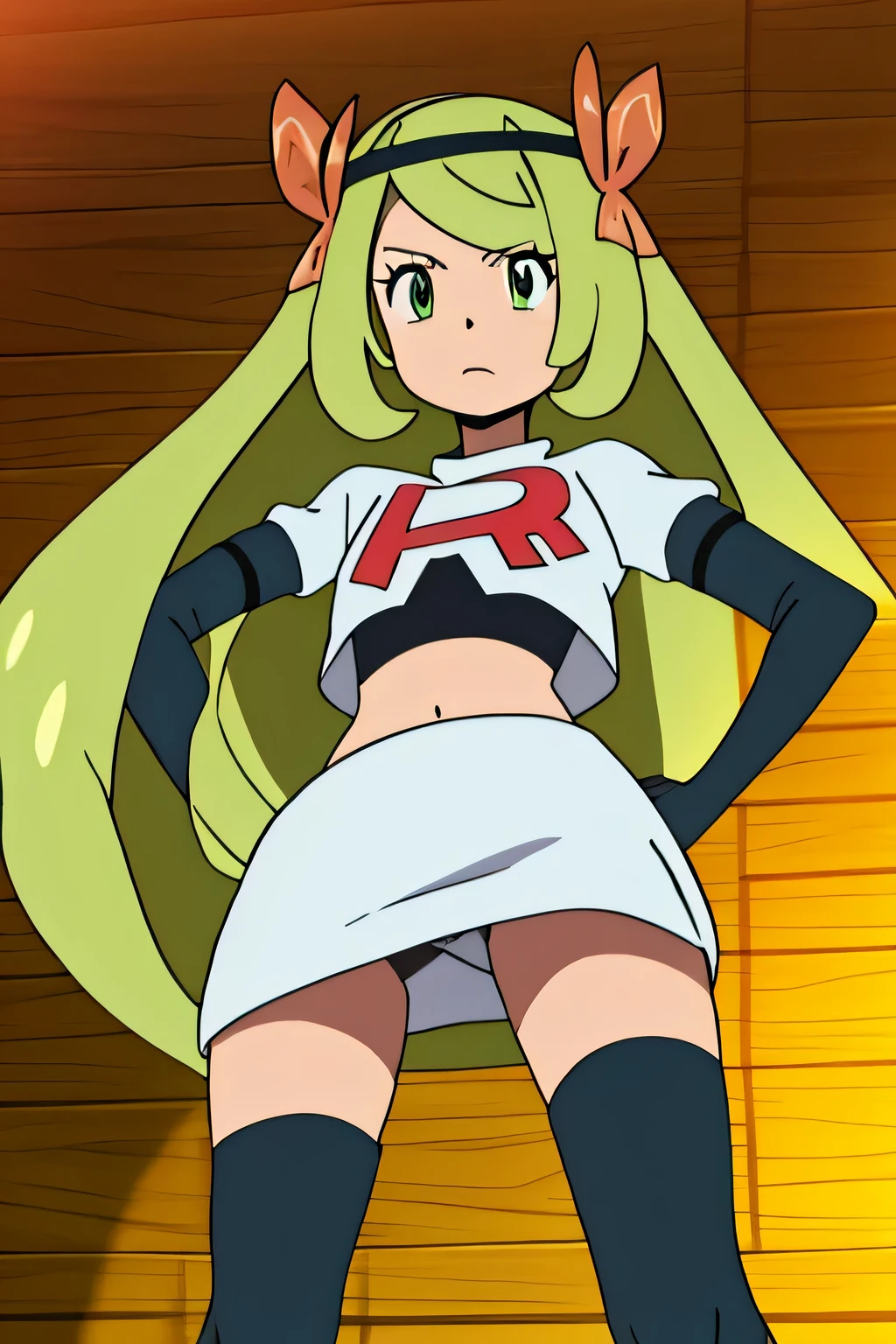 masterpiece,best quality,high res,high quality,8k, masterpiece,highres, team rocket uniform, red letter r, white skirt,white crop top,black thigh-high boots, black elbow gloves, glaring angrily, looking down at viewer, hands on hips, cowboy shot, zettai ryouiki,spread legs,from below, black panties,anime style, vivid colors, sharp focus, intense lighting,celinefe,celinecrrown