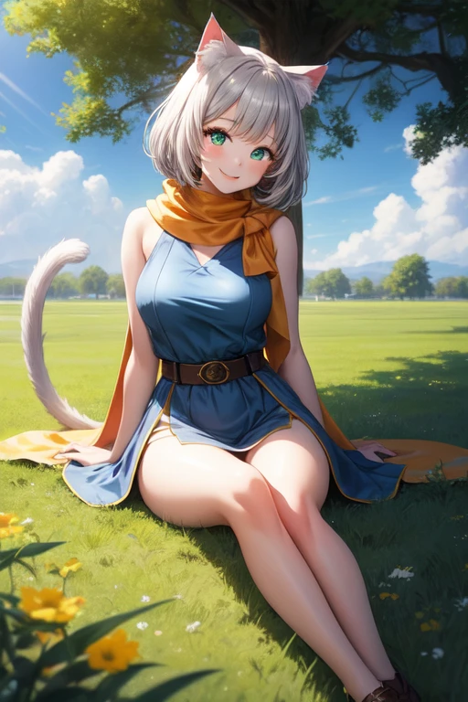 1 girl, neko girl, full body, , white skin, gray cat ears, no human ears, smiley face, happy, blushing, smiling, BLUE dress, belt, brown ninja shoes, WHITE scarf, sitting on the grass, Under a tree, Shadow, high quality, Beautiful face, big green eyes, Green cat eyes, elongated pupils, 2-color hair, gray hair with orange details, bangs, pointed bangs, waist-length hair, tail horse, medium breasts, 2 seductive legs, tall, cat tail, gray, green landscape background, field, Sunny, sun rays, looking at me, anime