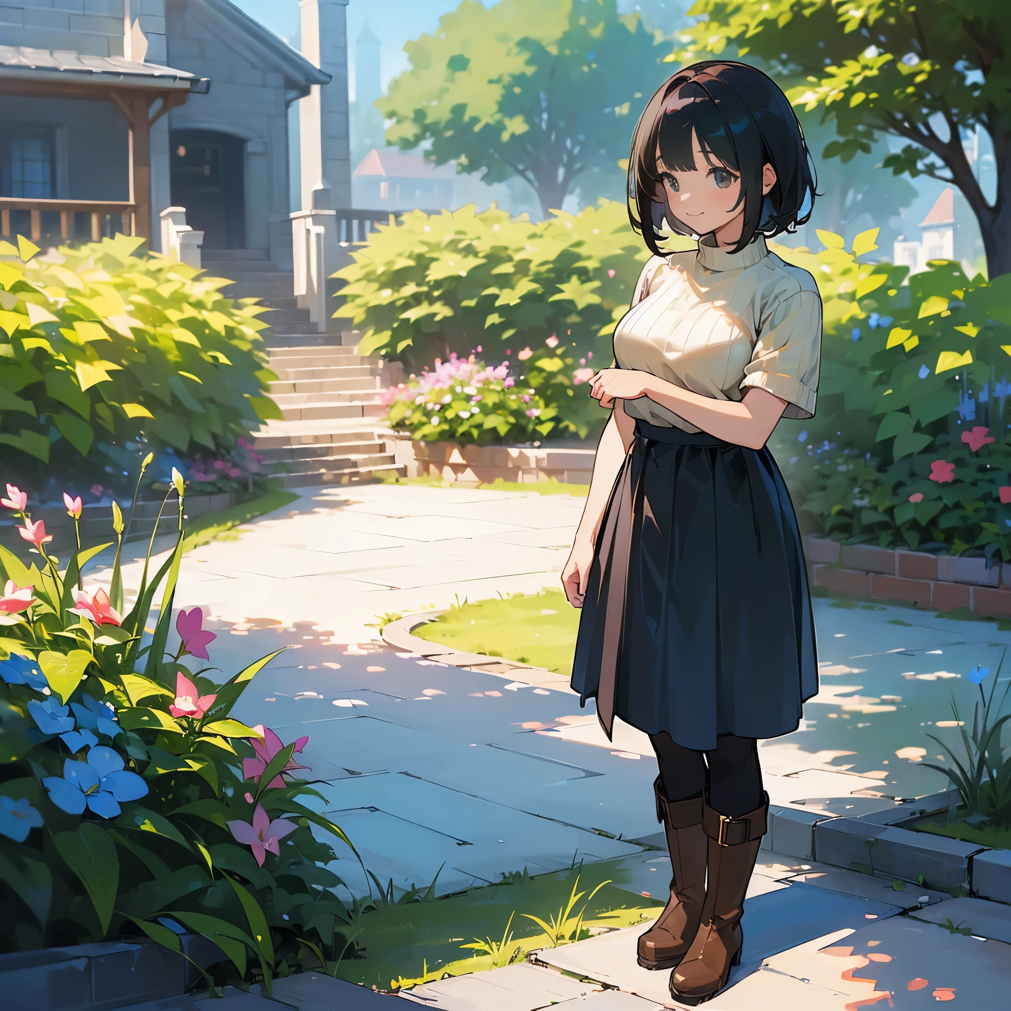 (high quality, High resolution, Very detailed, reality:1.37), Peaceful atmosphere, (Outdoor, garden), teenage girl standing alone, (my breasts are big.), Beautiful detail features, Cute Smile, (Black bob hair), Short sleeve ribbed sweater, Blue Skirt, black tights, Brown boots.