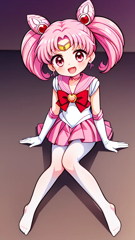 Sailor Moon,young年,Seven years old,cute,(Little ),Pink hair twintails,short hair,Sailor Suit,Red bow,White elbow gloves,Red Skirt,No shoes,Open your mouth,laughing out loud,Fangs,(White pantyhose),soles of feet,Soles,(young),(little man),sit