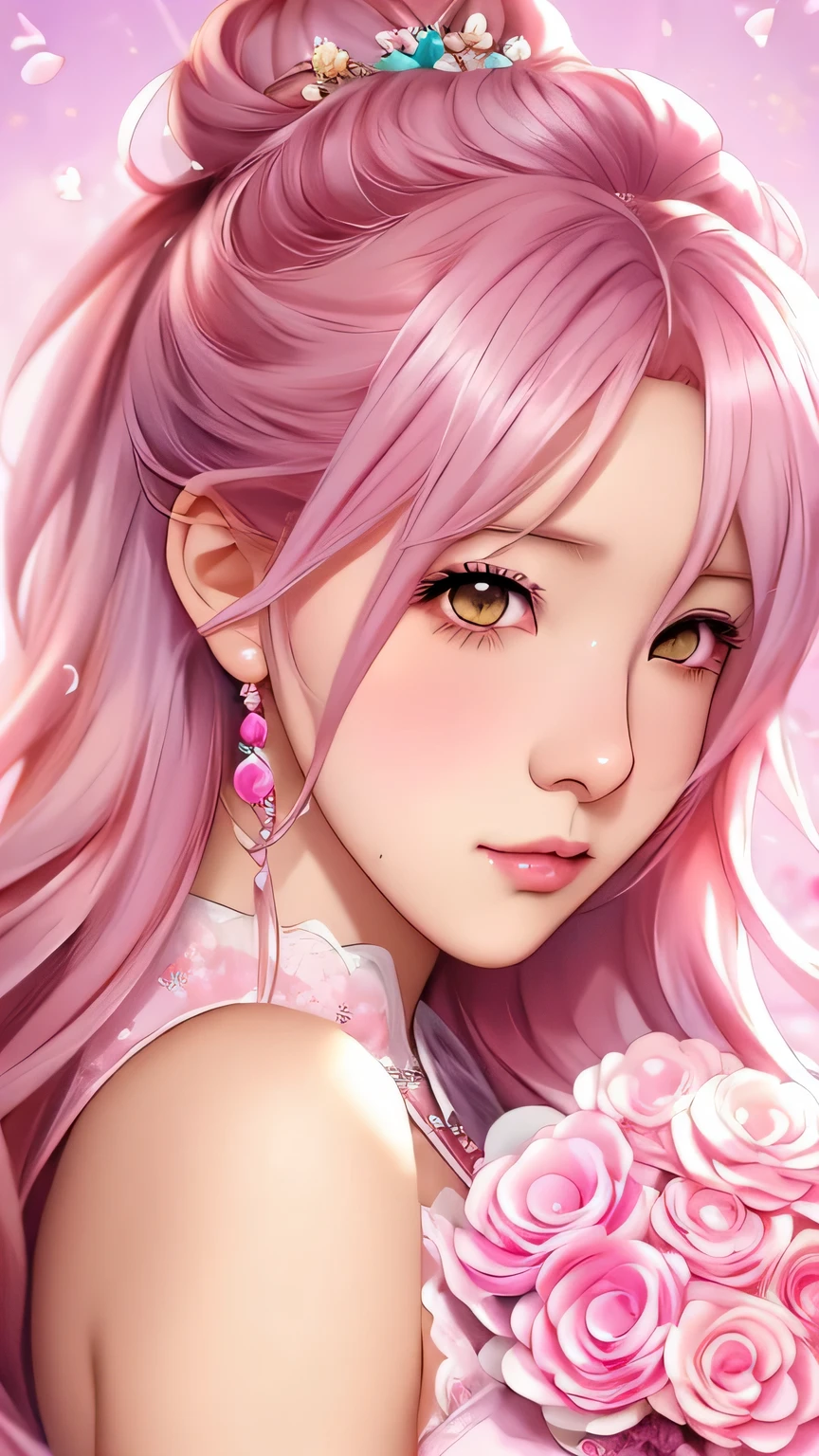 Anime girl with pink hair and a bouquet in her hair, cute realistic portrait, Gweiz, magical girl portrait, cute characters, cute art style, anime moe art style, maplestory character art, Cute Portrait, cute anime girl portrait, small character portrait, artwork in the style of Gweiz, splash art anime