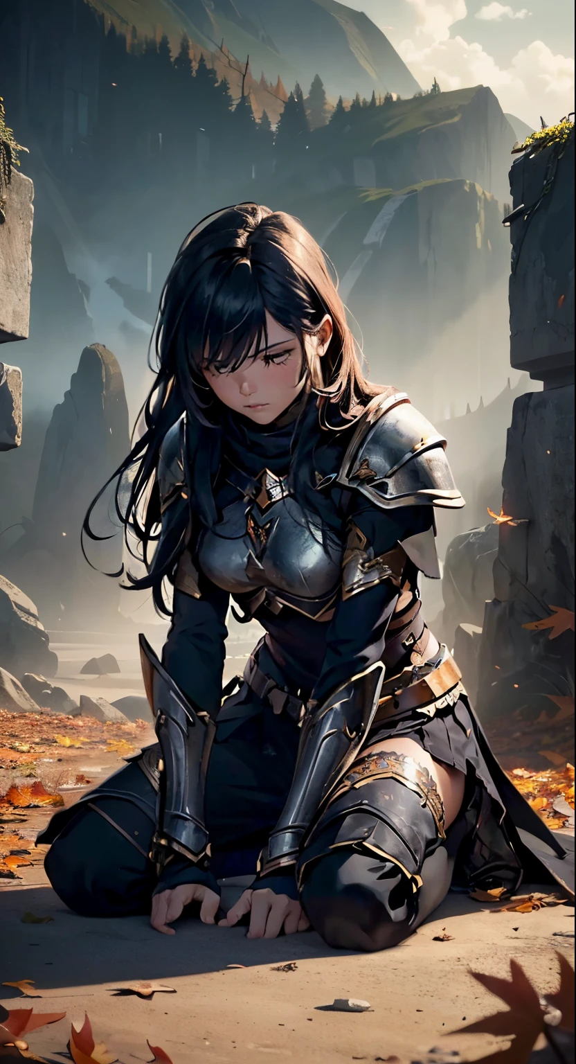(best quality,4k,8k,highres,masterpiece:1.2),ultra-detailed,(realistic,photorealistic,photo-realistic:1.37),female character,kneeling on the floor,dressed in a simple armor,armor is broken,simple broken sword,sad expression,tears,ultra long hair,long eyelashes,ultra detailed face,glowing lips,glowing eyes,campfield,warrior,desolation,dark lighting,misty atmosphere,emotional,shattered dreams,fallen hero,sorrow,faded glory,regret,loneliness,emptiness,cracked ground,forlorn,cloudy sky,soft sunlight streaming through the clouds,mysterious,quiet,sombre,colorful flowers scattered on the ground,distant mountains silhouette,soft breeze,rustling leaves,autumn leaves gently falling