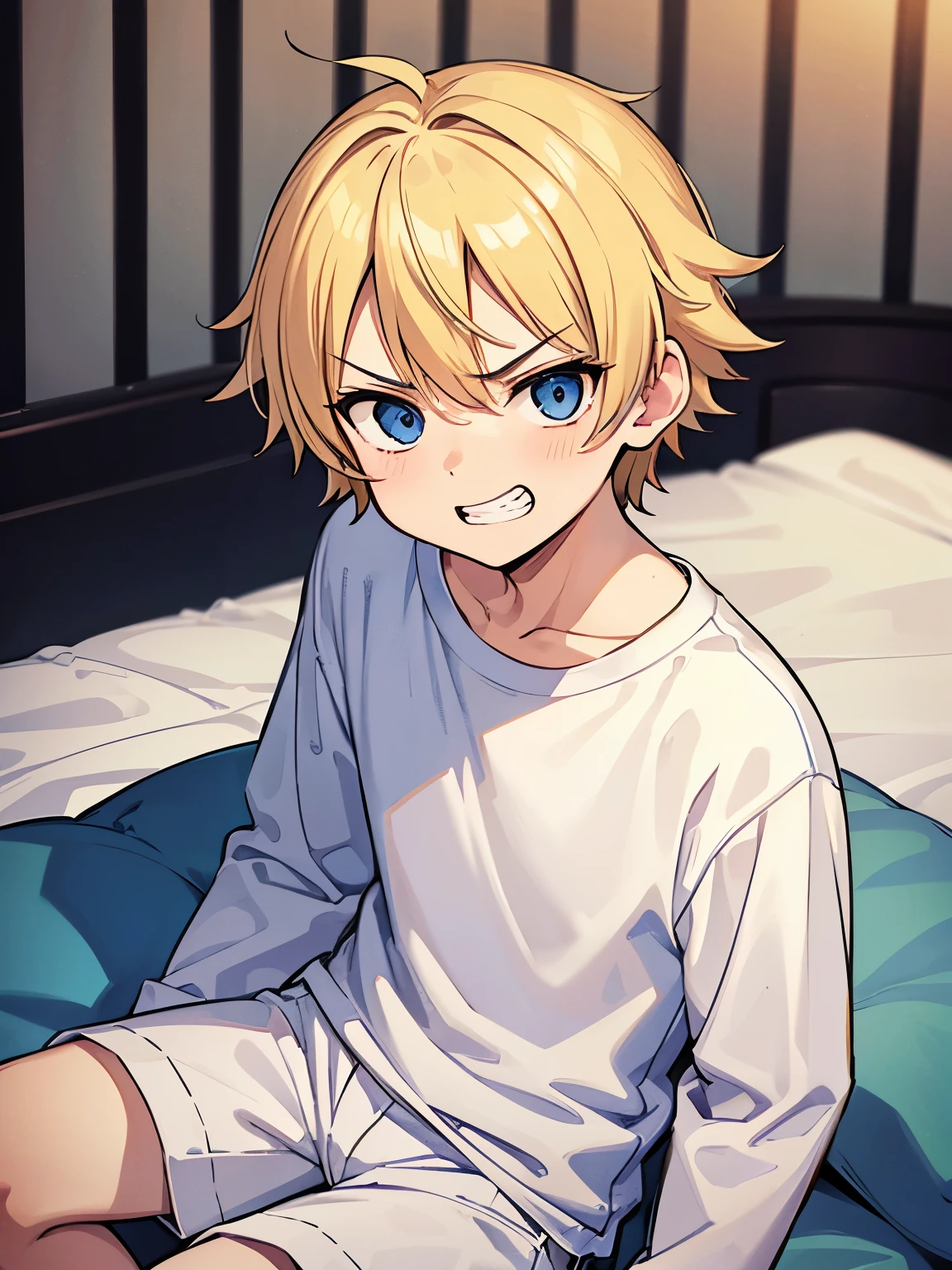 (1boy:1.4), (very short hair), crew cut, (solo:1.4), sfw, (bulge:0.4), male character, ((masterpiece)),
multicolored background, hair between eyes, highlight in eyes, (blonde hair:1.4), full shot,
(polo shirt :1.4), short pants, colorful eyes,  male character, young, juvenile, short hair, male face, detailed beautiful  boy, adorable boy, sparkling eyes,
faint sneer, energetic eyes, beach shorts, blushing, laying in bed, small bulge, pink nipples