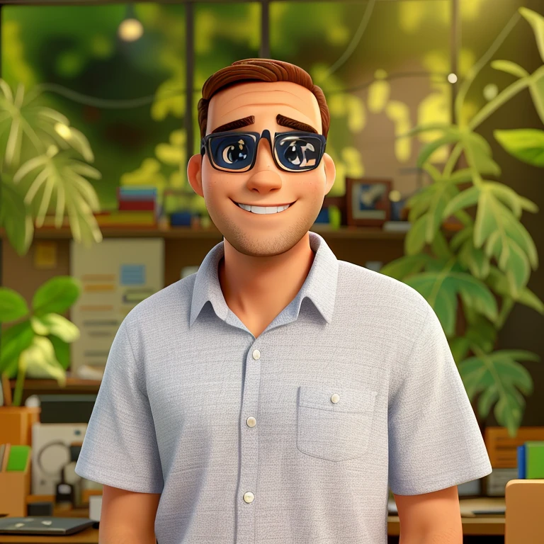 Um homem branco com olhos castanhos com um leve sorriso , 27 year old brown hair in an office in the background with a window to the side