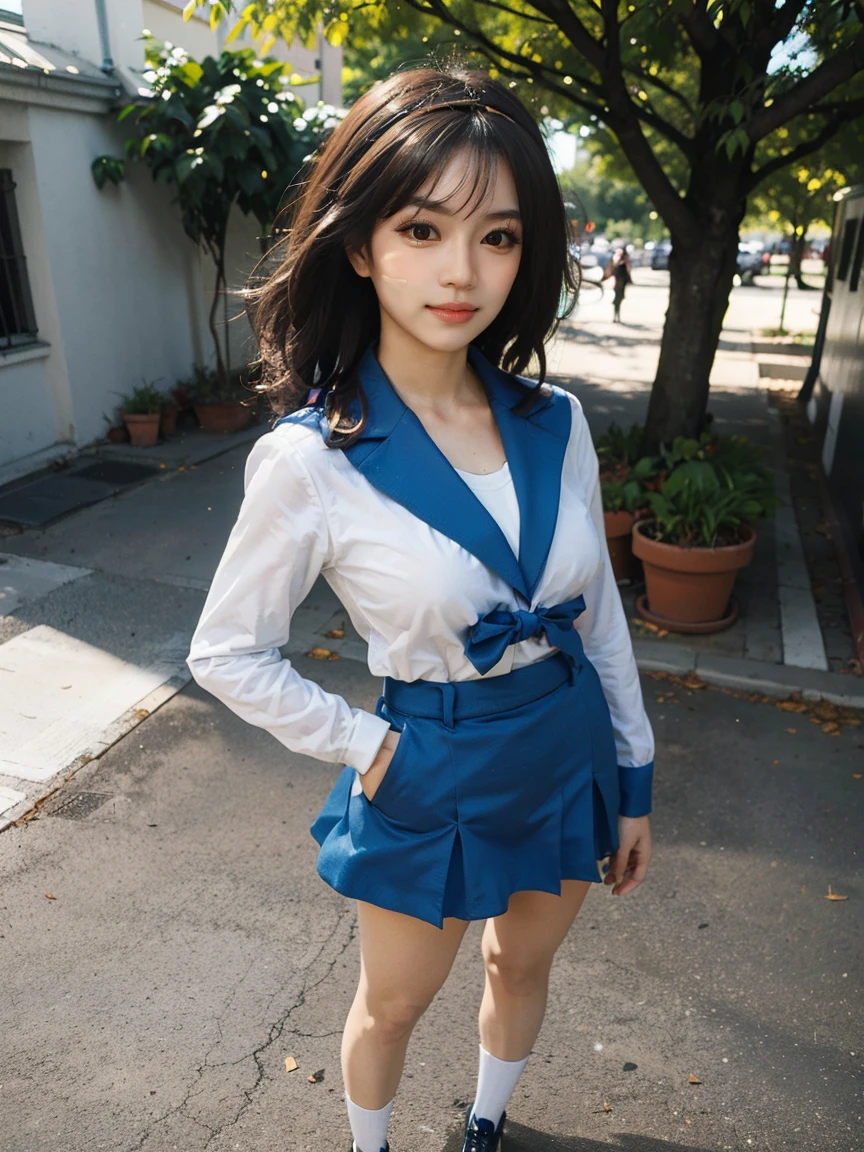(1 lady), (Best quality at best:1.4), (ultra - detailed), (extremely detailed CG unified 16k), A Beautiful Woman with Perfect Figure: 1.4, Sharp Focus: 1.2, very detailed, High-definition RAW color photo, professional photoshooting, amazing face and eyes, cosmetics, (amazingly beautiful girl), ((suzumiya haruhi)), ((kita high sch0ol uniform, blue sailor collar, blue skirt, armband, hairband, medium hair, ribbon, socks)), standing posture, (look from down), realistic cinematic face, head to feet long wide zoomed out view, full body long view, photorealistic, ((realistic natural caramel brown hair style, brown eyes)), gorgeous, extremely beautiful face, perfect model beauty, pout mouth, Highly Detailed Face and Skin Texture, Detailed Eyes, Double Eyelids, Medium Breasts, joy expression, joyful face, cleavages, western, (masterpiece), best quality, high resolution, extremely detailed, depth of field, cinematic lighting, amazing legs, high heels, clear and well-cared skin, (background: nature, tree, park)
