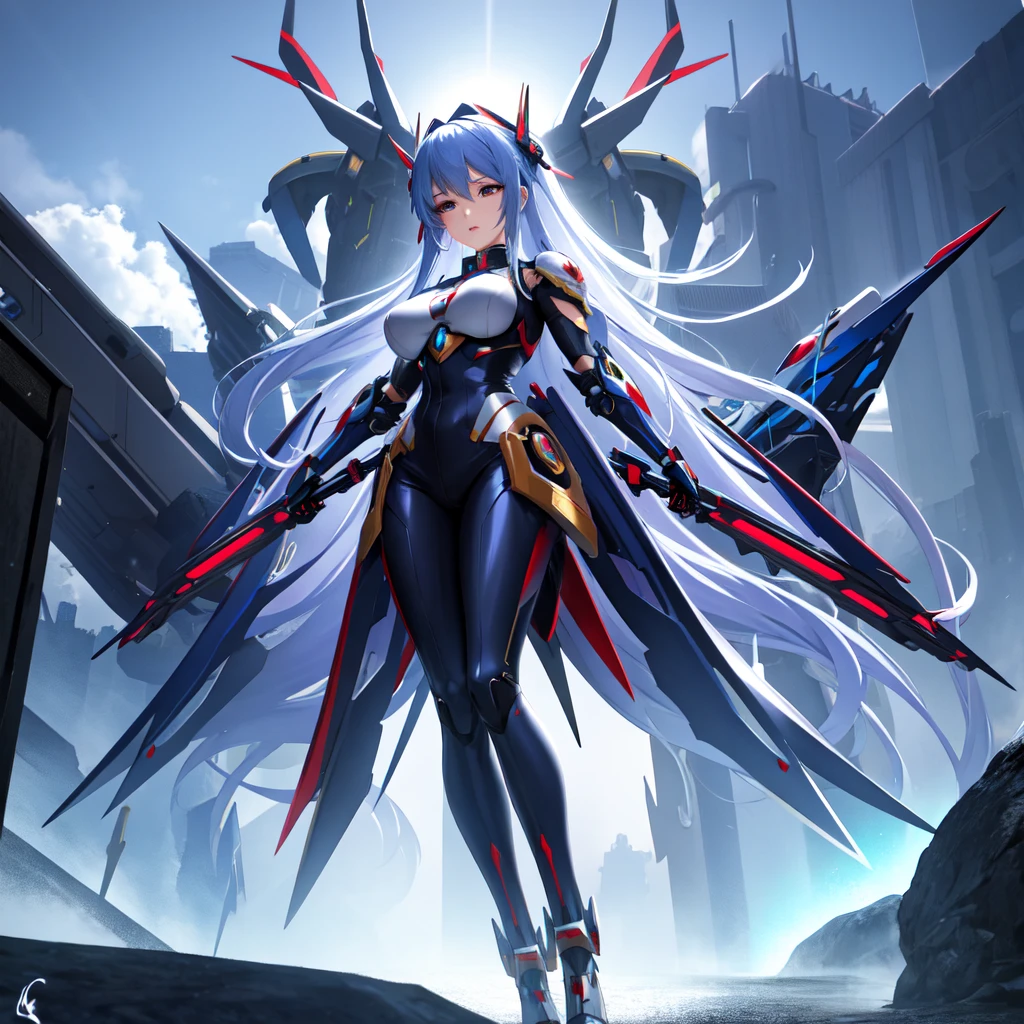 A captivating, futuristic anime-inspired 3D rendering of a powerful and determined female protagonist. Her long, flowing blue hair contrasts with her mecha-style armor, which is adorned with white, red, black, and gold details. Exuding immense power and resilience, she stands at the center of a breathtaking scene filled with celestial bodies, energy, and a stunning cityscape. The iconic "Universe Mecha" branding in chrome metal catches the eye, symbolizing advanced technology and exhilarating action. The artist's signature, "DRAGONSTEEL76," showcases their mastery of the medium. This mesmerizing cinematic illustration, featuring a perfect blend of anime elements and a futuristic, cinematic style, is ideal for packaging, posters, or promotional materials, making it a, illustration, cinematic, product, anime, 3d render, photo, poster