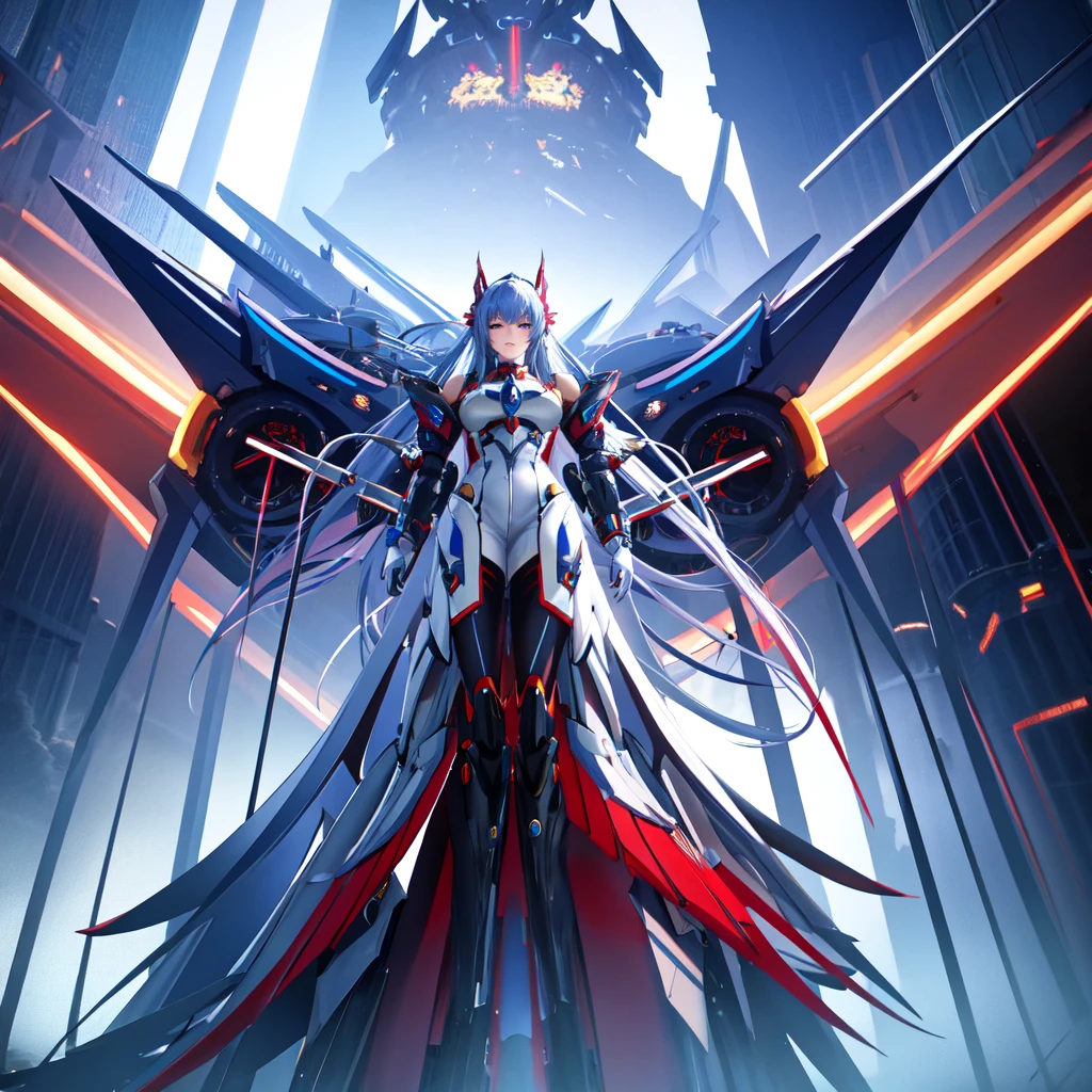 A captivating, futuristic anime-inspired 3D rendering of a powerful and determined female protagonist. Her long, flowing blue hair contrasts with her mecha-style armor, which is adorned with white, red, black, and gold details. Exuding immense power and resilience, she stands at the center of a breathtaking scene filled with celestial bodies, energy, and a stunning cityscape. The iconic "Universe Mecha" branding in chrome metal catches the eye, symbolizing advanced technology and exhilarating action. The artist's signature, "DRAGONSTEEL76," showcases their mastery of the medium. This mesmerizing cinematic illustration, featuring a perfect blend of anime elements and a futuristic, cinematic style, is ideal for packaging, posters, or promotional materials, making it a, illustration, cinematic, product, anime, 3d render, photo, poster