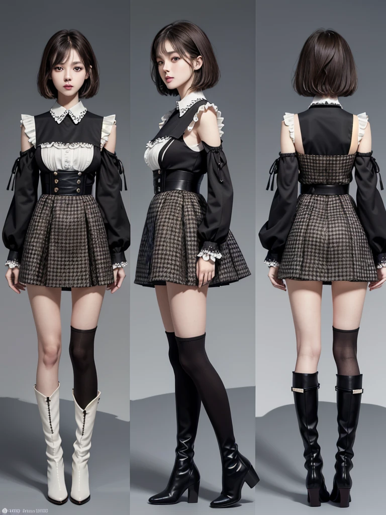 chara-sheet,Standing in front of the viewer、masterpiece、Very detailed、Surreal、Watercolor and ink painting、high waist、Brown and dark brown houndstooth A-line dress、Dark piping、Puff sleeves、Super detailed、super beautiful、white straight short hair、Knee-high boots、Young woman dancing wearing、lean muscular body、Perfect Eyes Eyes