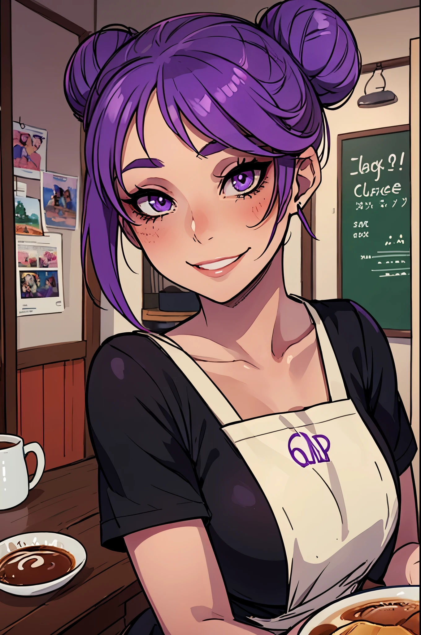 Masterpiece, best quality, 20 years old, college student, portrait, portrait style photo, female, dark sun tan skin, face in center of photo,  excited expression, black long sleeve shirt with white apron, short, young, coffee cup,eyes winking, big smile,no make-up, barista, peach lips, space bun hair, pastel purple hair, cafe landscape, purple eyes, cute