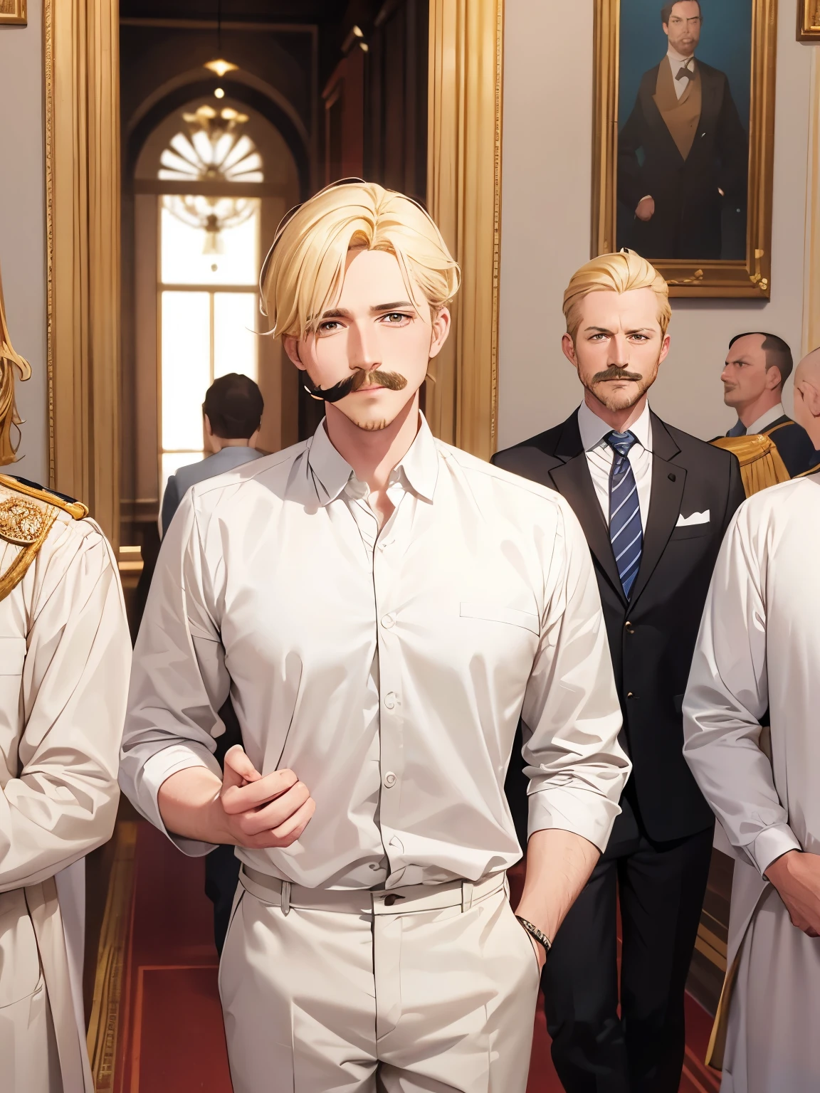 Adult men, standing in the royal palace,Laugh, grin, short hair, mustache, 35 years old, blonde hair, Blonde mustache, White shirt,standing in the royal bedroom,ultra detailed,close up photo
