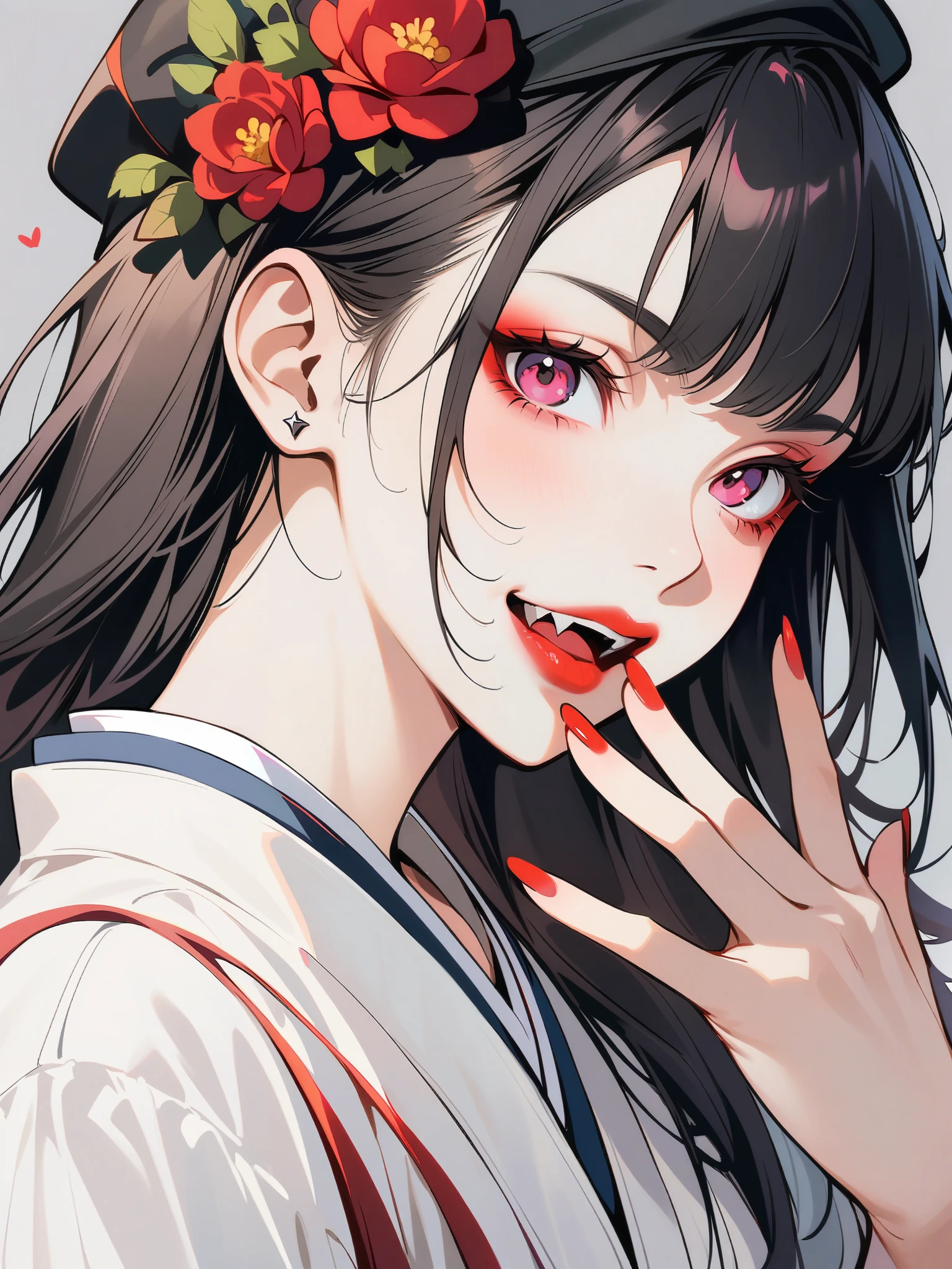 A beautiful Japanese woman with pink eyes, Long eyelashes and red lips，dressed white hanfu，Makeup similar to Ueno Yosuke，Selfie on Instagram，Vampire fangs showing between fingers. She has fair skin，Wearing a black hat decorated with flowers. Background color should be gray. Her expression conveys confidence or playfulness. 