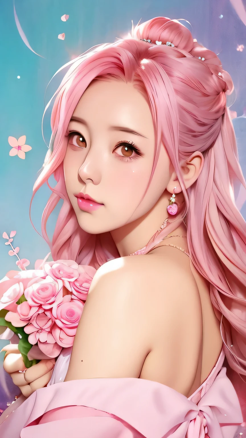 Anime girl with pink hair and a bouquet in her hair, cute realistic portrait, Gweiz, magical girl portrait, cute characters, cute art style, anime moe art style, maplestory character art, Cute Portrait, cute anime girl portrait, small character portrait, artwork in the style of Gweiz, splash art anime
