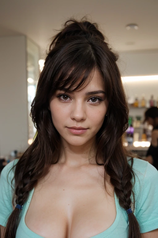 Mujer bonita y joven con rasgos angelicales
Color de cabello cafe y ojos de color turquesa
