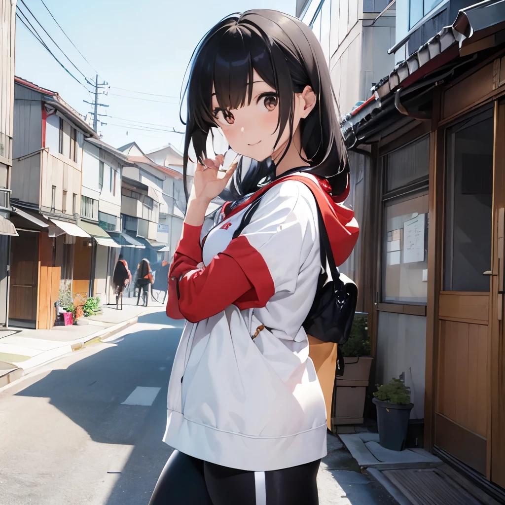 ((Japanese girl with bangs and leggings, (masuter piece, Best Quality, High resolution))), From the front view, 1girl in, Bangs covering her forehead, Long leggings reaching down to her ankles, Casual outfit, ((Sunny day)), ((Outdoor setting)), (Bright colors), (Detailed face), Expressing a playful smile, ((Dynamic Angle)), Capturing the lively energy, Inspired by the works of Naoko Takeuchi and Yasuhiro Nightow, Manga-inspired style, Modern urban design, Sharp lines and bold colors, Fits perfectly in modern Japanese culture, (J-pop music in the background