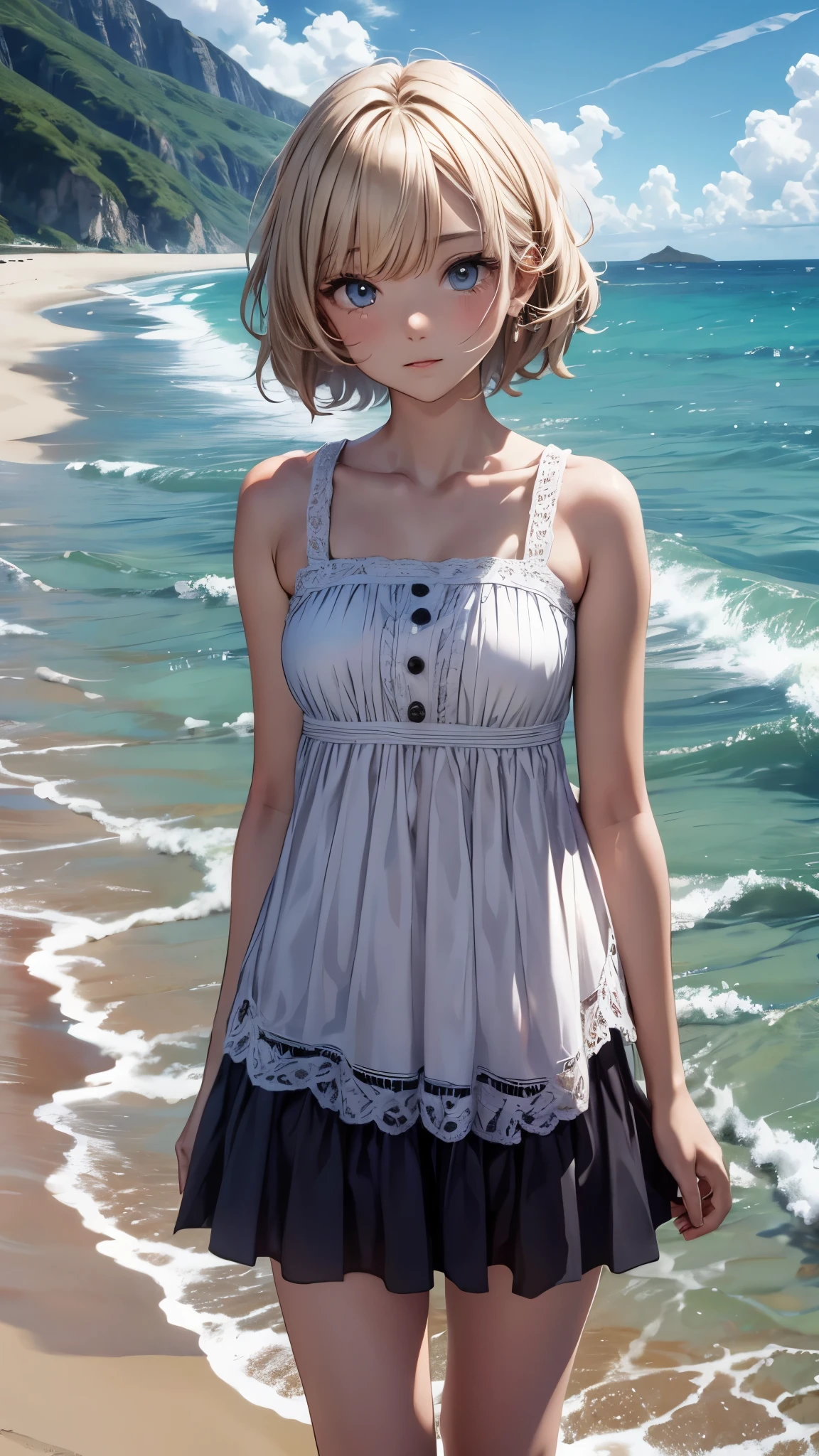 A girl standing alone on a small island in the sea、there is nobody in the island,A girl in her 20s with short blonde hair