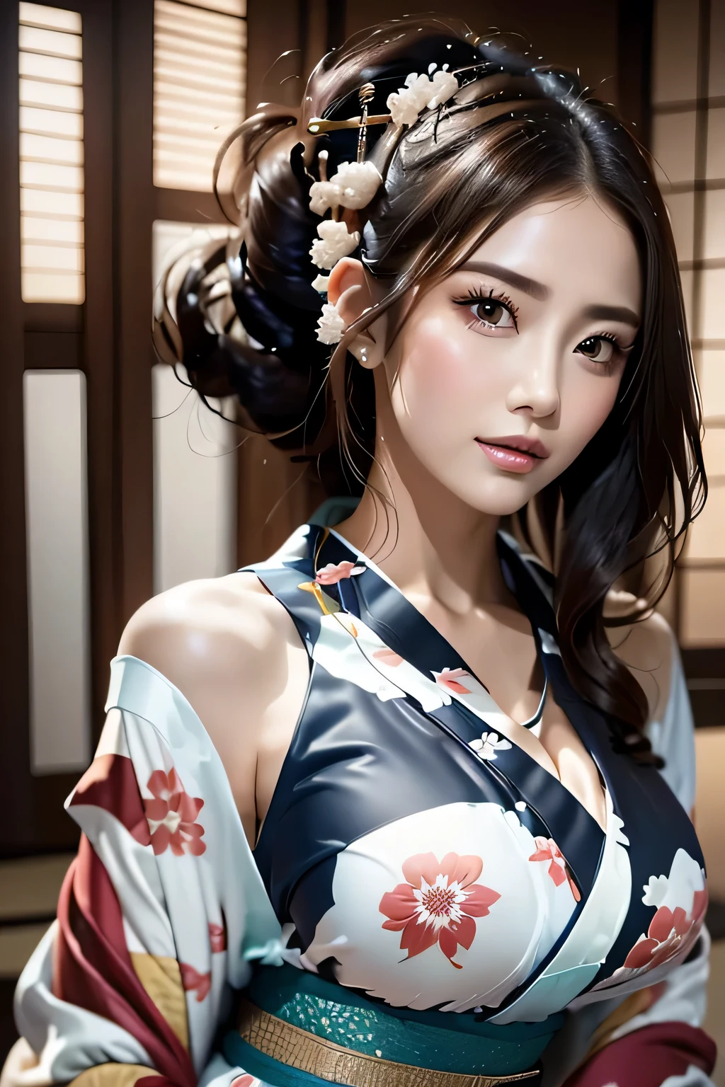 (((Gorgeous courtesan kimono:1.7))),(Beautiful mature woman in a noble courtesan kimono),(((Flashy and extravagant courtesan attire:1.3))),(Glamorous Jar)(Gorgeous floral hair ornament),Gorgeous floral braided top knot,(Very delicate and beautiful hair,),(((Accentuate larger breasts:1.3))),Fireworks shooting up into the sky against the backdrop of the riverbank at night.、Cute round face,Detailed garment features,Detailed hair features,Detailed facial features,Looking at the camera,(Dynamic Angle),(Dynamic and sexy pose),Cinematic Light,(Ultra-high resolution output images,Written boundary depth,Intricate details,Light and shadow contrast、The subject appears three-dimensional,) ,Single-lens reflex camera, (Realistic:1.3),(8K quality,Anatomically correct facial structure,),(SeaArt 2 Mode:1.3),(Picture Mode Ultra HD,)