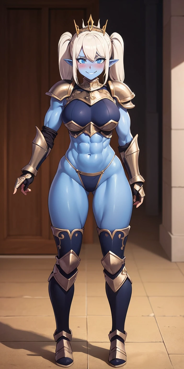 full body, BLUE breastplate, BLUE skin (1girl)(BLUE skin:1.2), looking at viewer, shiny, armor, thighhighs, high boots, pauldrons shoulder armor, faulds, poleyn, gloves, gauntlets, rerebrace armored boots, (masterpiece, best quality, ultra-detailed, best shadow) yordle pointy ears muscular lean platinum blonde long twin-tails hairstyle at the office lustful smirking smile face red blushed, blush, strong abs, female body builder, tiara, twin drills hair