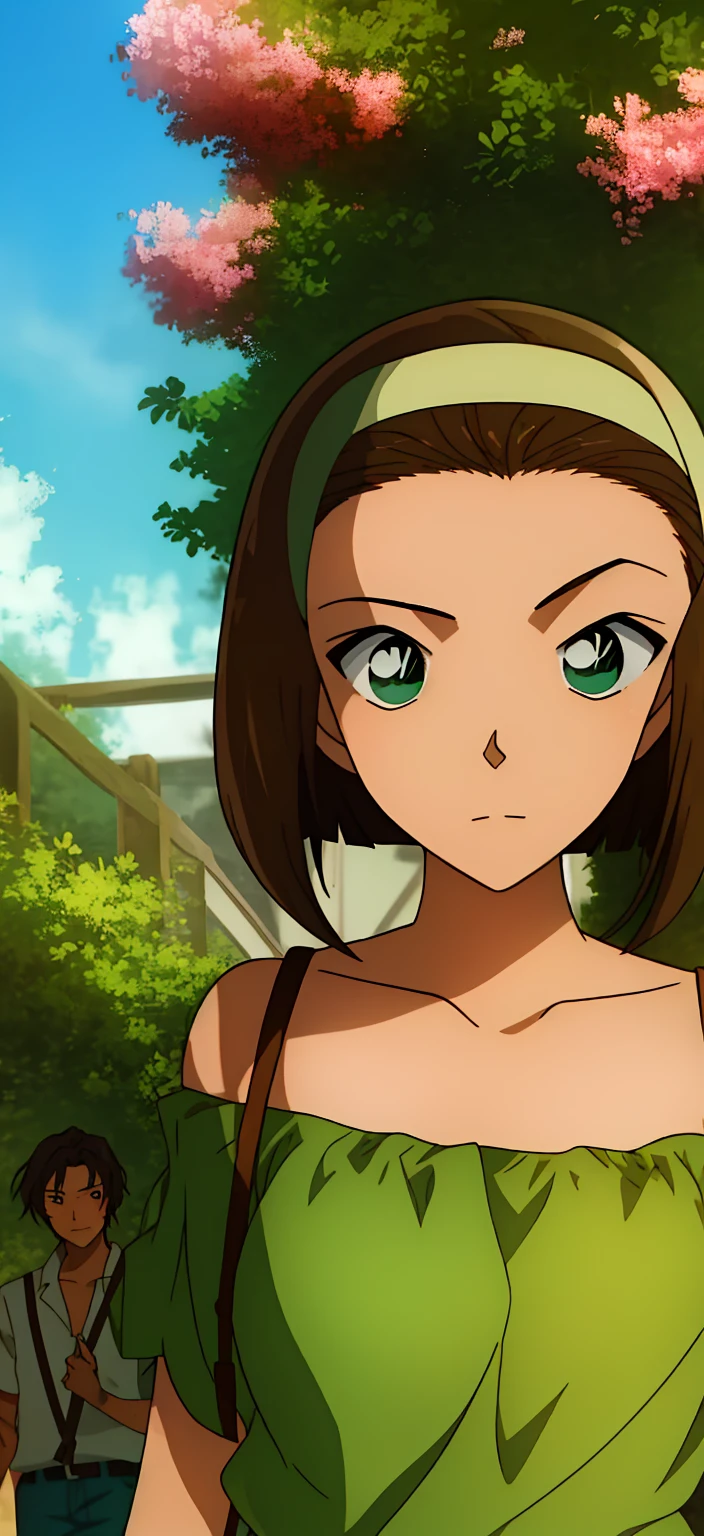 garden, 1人のgirl,一人in,Looking_in_Audience,short_hair,multiple_girl,Brown_hair,shirt,just_shoulders,green_eye,clavicle,upper_body,hairband,Outdoor,Ocean、off_shoulder、Cowboy Shot