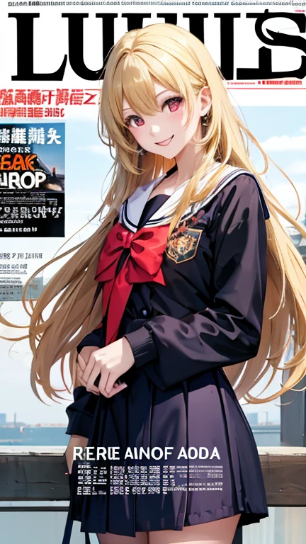 Blonde long hair high school girl,Red eyes,Sailor suit, highest quality,Outdoor, Magazine Cover,Magazine title「Lumina mania」,Pause,smile