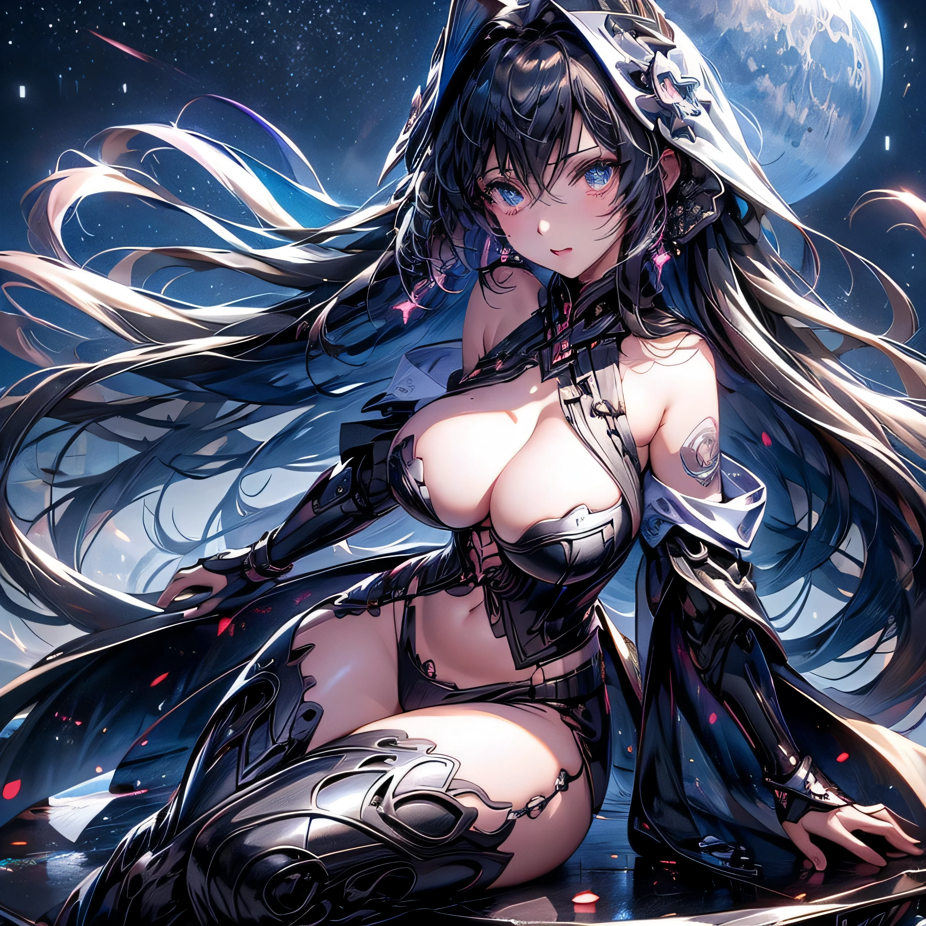 highest quality　Ultra-high resolution　black hair　Long Hair　fair skin　Black Eyes　black　漆black　moon　Starry Sky　knife　Big Tits Beautiful Girl　sick　crystal