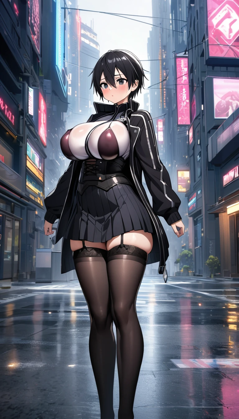 Kirito, black garter belt,Super big breasts breast enlargement , overthrown Jacket, skirt, corset blushes and stands alone in a sci-fi city full-body shot
