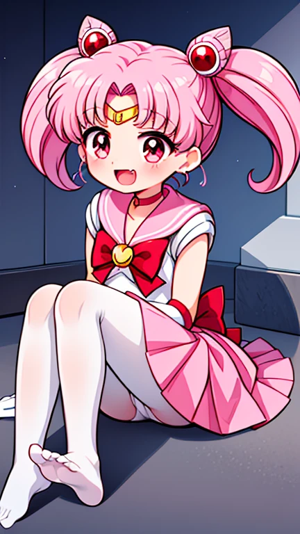 Sailor Moon，young年，，cute，（Little Loli），Pink hair twintails，short hair，Sailor Suit，Red bow，White elbow gloves，Red Skirt，No shoes，Open your mouth，laughing out loud，Fangs，(White pantyhose),soles of feet，Soles，(young)，(little man)，sit