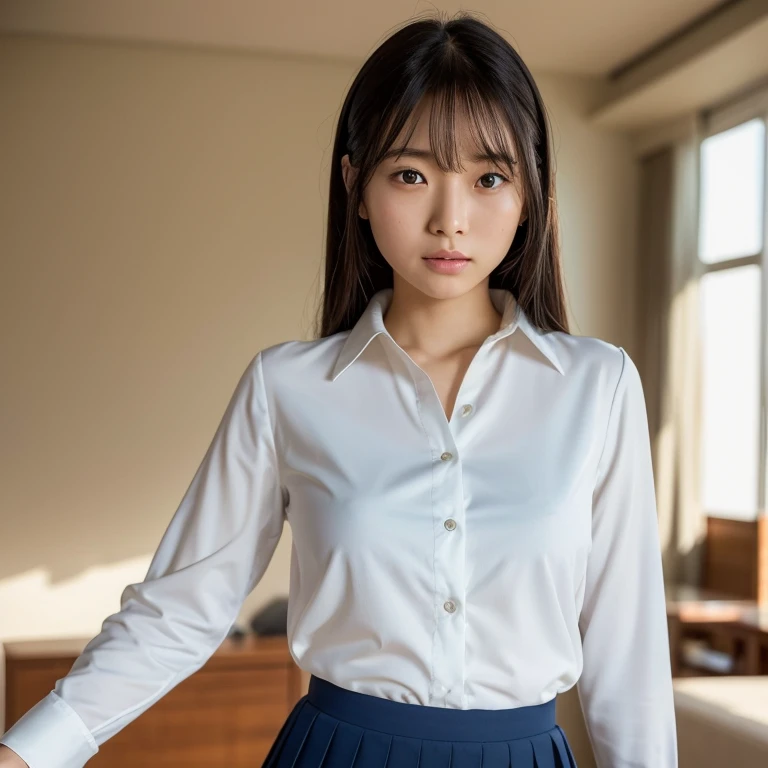A beautiful young Japanese woman, wearing a white long-sleeved blouse and navy blue skirt, the designated by her Japanese high school, looked back at me with a look of disgust on her face. Focal length 100mmf/2.8, spring morning, sunny, living room on the upper floor of a high-rise apartment, well-shaped face, toned body, close-up of expression, sense of presence, 8K image quality, highest quality.