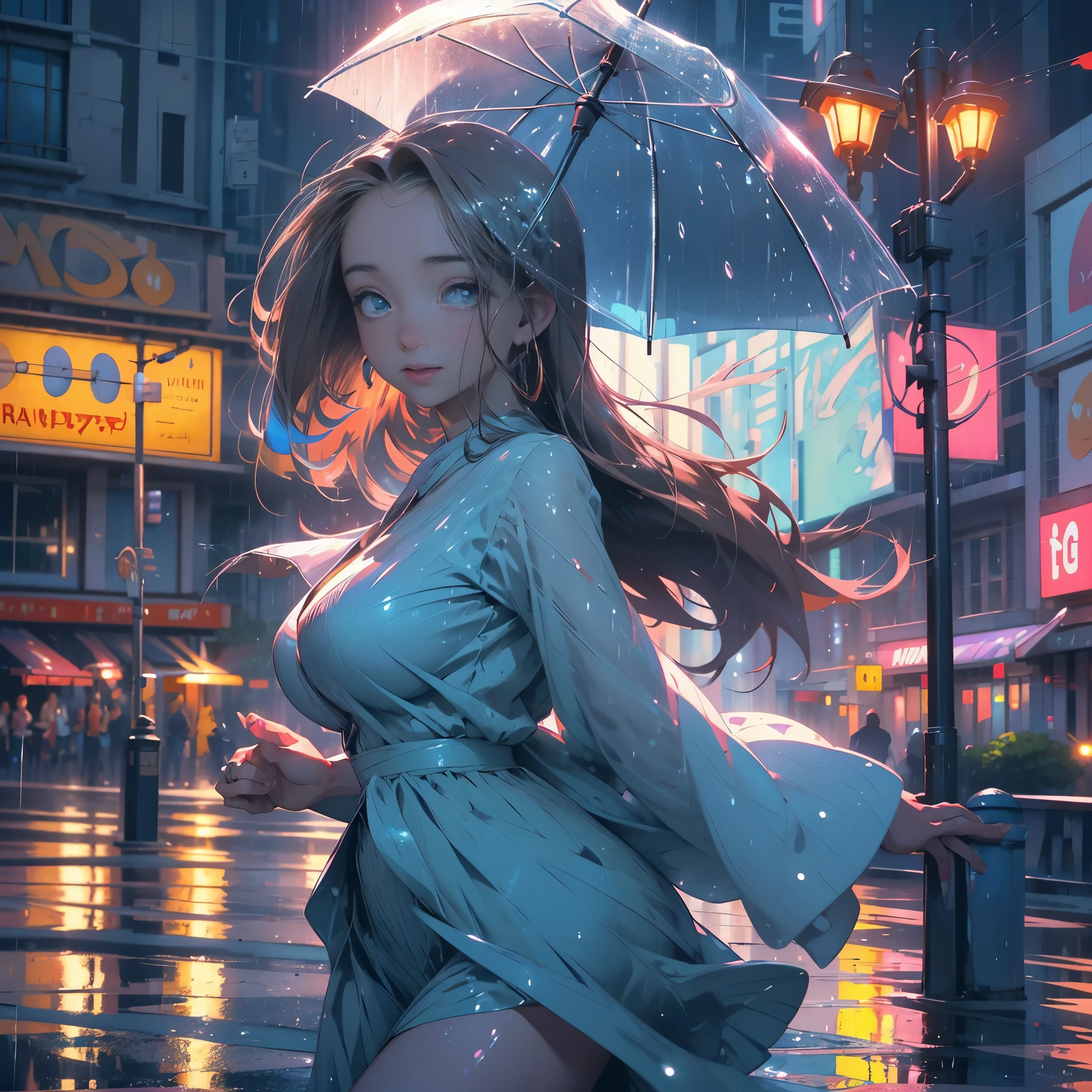 (best quality,4k,8k,highres,masterpiece:1.2),ultra-detailed,(realistic,photorealistic,photo-realistic:1.37), (HDR,UHD,studio lighting), (vivid colors,bokeh), (physically-based rendering),colorful meeting.
A cute woman with mesmerizing blue eyes and a radiant smile, her long flowing brown hair is slightly dampened by the raindrops. She is wearing a short, vibrant blue dress that accentuates her youthful charm. As she dances gracefully through the bustling streets of Bangkok, the raindrops create a magical ambiance around her.
The mid-day rain showers fall gently, their rhythmic patter harmonizing with the woman's movements. The vibrant colors of the city come alive under the diffuse light, creating a picturesque scene. The rain creates shimmering reflections on the wet pavement, adding another layer of visual interest.
Surrounded by colorful umbrellas and shimmering raindrops, the woman's dance is a joyful expression of and happiness. Her playful steps and twirls make the onlookers smile, as they appreciate the beauty of her dance in the rain.
The streets of Bangkok serve as a vibrant backdrop, with its bustling markets, street food vendors, and towering buildings. The playful interaction of the rain and the cityscape forms a captivating contrast, emphasizing the woman's carefree spirit and her connection to the urban environment.
The atmosphere is filled with the scent of wet pavement and the sound of raindrops gently splashing on the ground. The woman's dance is accompanied by a melodic tune played by a street musician, adding an extra layer of magic to the scene.
As the rain continues to pour, small puddles form on the ground, reflecting the lights from the city. Each droplet is delicately rendered, capturing the essence of the rain and its iridescent glow.
The entire scene is captured with the highest attention to detail, showcasing the intricate folds of the woman's dress, the glistening raindrops as they scatter light, and the subtle nuances of t