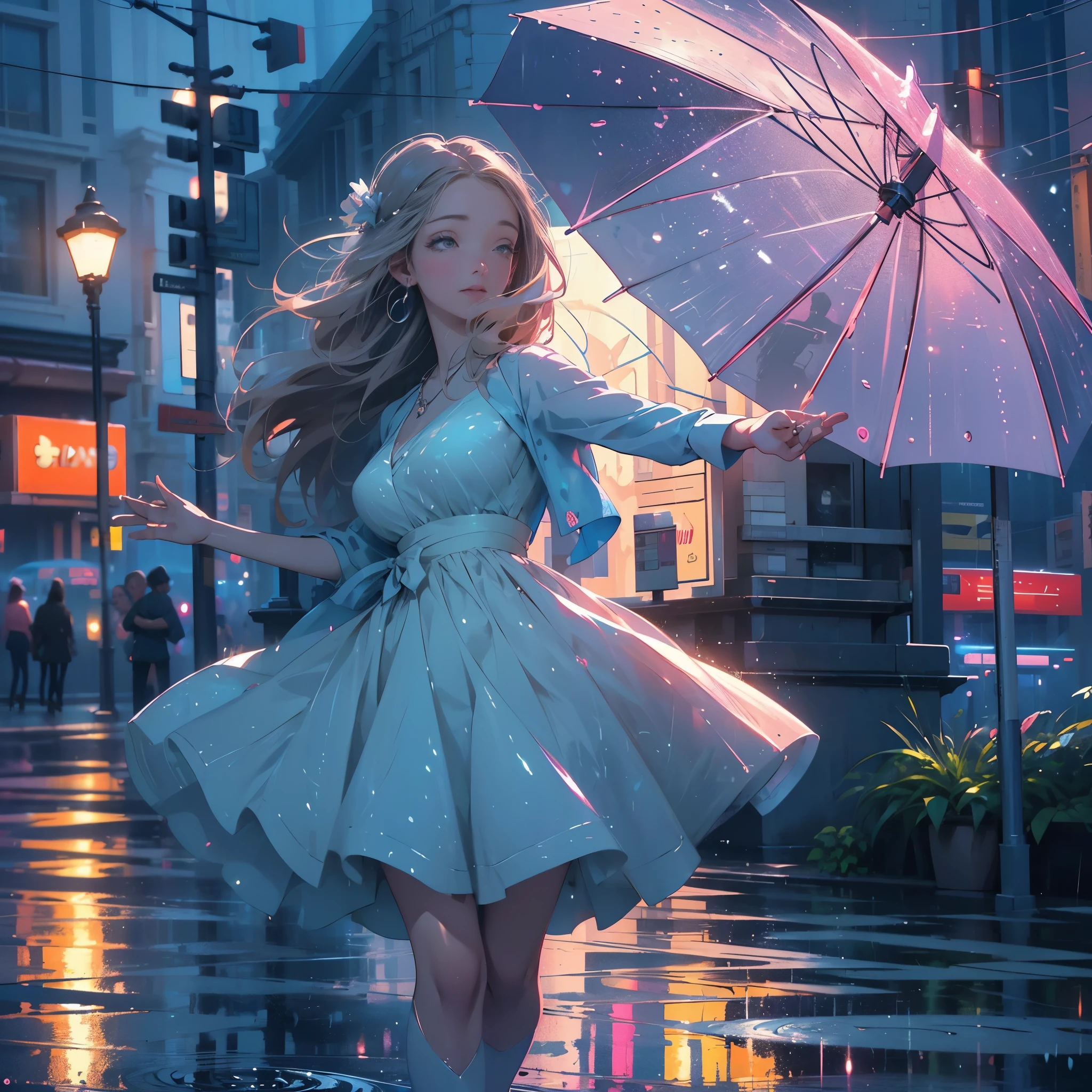 (best quality,4k,8k,highres,masterpiece:1.2),ultra-detailed,(realistic,photorealistic,photo-realistic:1.37), (HDR,UHD,studio lighting), (vivid colors,bokeh), (physically-based rendering),colorful meeting.

A cute woman with mesmerizing blue eyes and a radiant smile, her long flowing brown hair is slightly dampened by the raindrops. She is wearing a short, vibrant blue dress that accentuates her youthful charm. As she dances gracefully through the bustling streets of Bangkok, the raindrops create a magical ambiance around her.

The mid-day rain showers fall gently, their rhythmic patter harmonizing with the woman's movements. The vibrant colors of the city come alive under the diffuse light, creating a picturesque scene. The rain creates shimmering reflections on the wet pavement, adding another layer of visual interest.

Surrounded by colorful umbrellas and shimmering raindrops, the woman's dance is a joyful expression of  and happiness. Her playful steps and twirls make the onlookers smile, as they appreciate the beauty of her dance in the rain.

The streets of Bangkok serve as a vibrant backdrop, with its bustling markets, street food vendors, and towering buildings. The playful interaction of the rain and the cityscape forms a captivating contrast, emphasizing the woman's carefree spirit and her connection to the urban environment.

The atmosphere is filled with the scent of wet pavement and the sound of raindrops gently splashing on the ground. The woman's dance is accompanied by a melodic tune played by a street musician, adding an extra layer of magic to the scene.

As the rain continues to pour, small puddles form on the ground, reflecting the lights from the city. Each droplet is delicately rendered, capturing the essence of the rain and its iridescent glow.

The entire scene is captured with the highest attention to detail, showcasing the intricate folds of the woman's dress, the glistening raindrops as they scatter light, and the subtle nuances of t