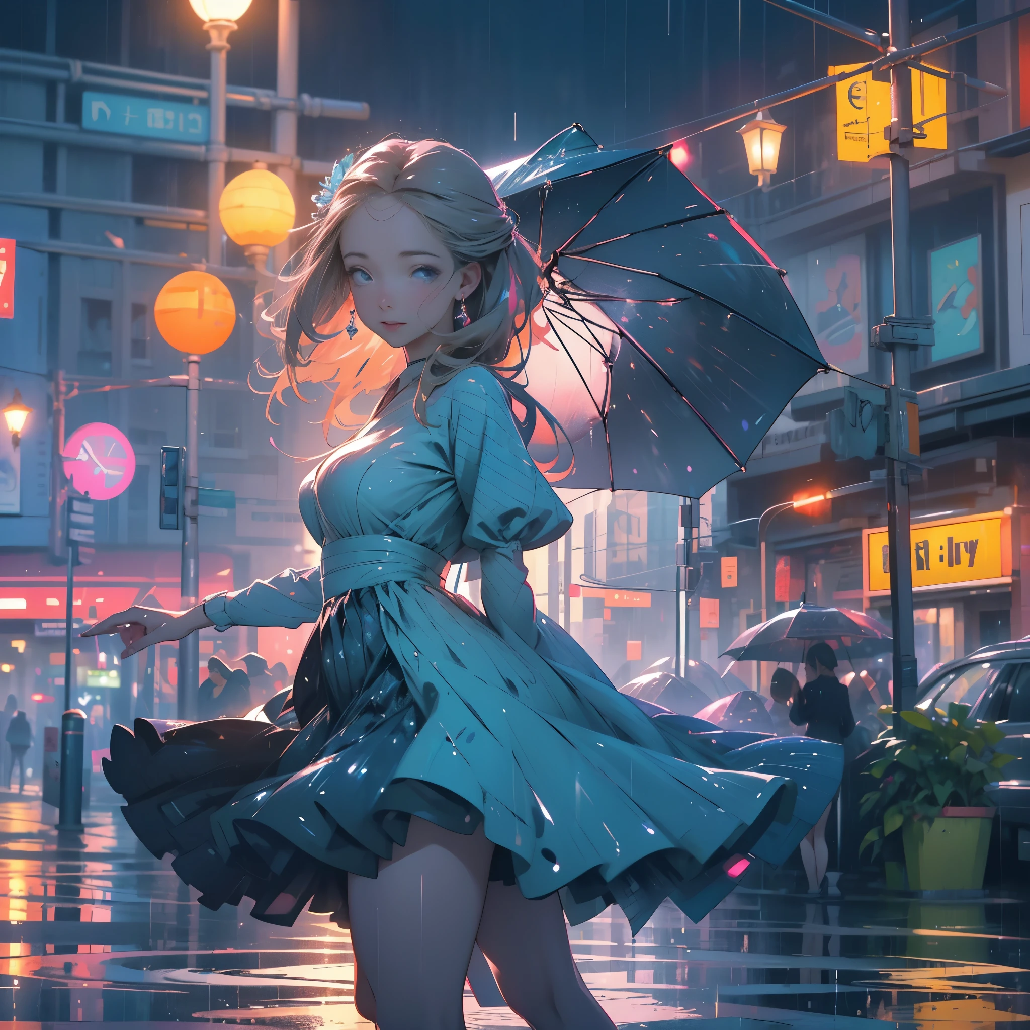 (best quality,4k,8k,highres,masterpiece:1.2),ultra-detailed,(realistic,photorealistic,photo-realistic:1.37), (HDR,UHD,studio lighting), (vivid colors,bokeh), (physically-based rendering),colorful meeting.

A cute woman with mesmerizing blue eyes and a radiant smile, her long flowing brown hair is slightly dampened by the raindrops. She is wearing a short, vibrant blue dress that accentuates her youthful charm. As she dances gracefully through the bustling streets of Bangkok, the raindrops create a magical ambiance around her.

The mid-day rain showers fall gently, their rhythmic patter harmonizing with the woman's movements. The vibrant colors of the city come alive under the diffuse light, creating a picturesque scene. The rain creates shimmering reflections on the wet pavement, adding another layer of visual interest.

Surrounded by colorful umbrellas and shimmering raindrops, the woman's dance is a joyful expression of  and happiness. Her playful steps and twirls make the onlookers smile, as they appreciate the beauty of her dance in the rain.

The streets of Bangkok serve as a vibrant backdrop, with its bustling markets, street food vendors, and towering buildings. The playful interaction of the rain and the cityscape forms a captivating contrast, emphasizing the woman's carefree spirit and her connection to the urban environment.

The atmosphere is filled with the scent of wet pavement and the sound of raindrops gently splashing on the ground. The woman's dance is accompanied by a melodic tune played by a street musician, adding an extra layer of magic to the scene.

As the rain continues to pour, small puddles form on the ground, reflecting the lights from the city. Each droplet is delicately rendered, capturing the essence of the rain and its iridescent glow.

The entire scene is captured with the highest attention to detail, showcasing the intricate folds of the woman's dress, the glistening raindrops as they scatter light, and the subtle nuances of t