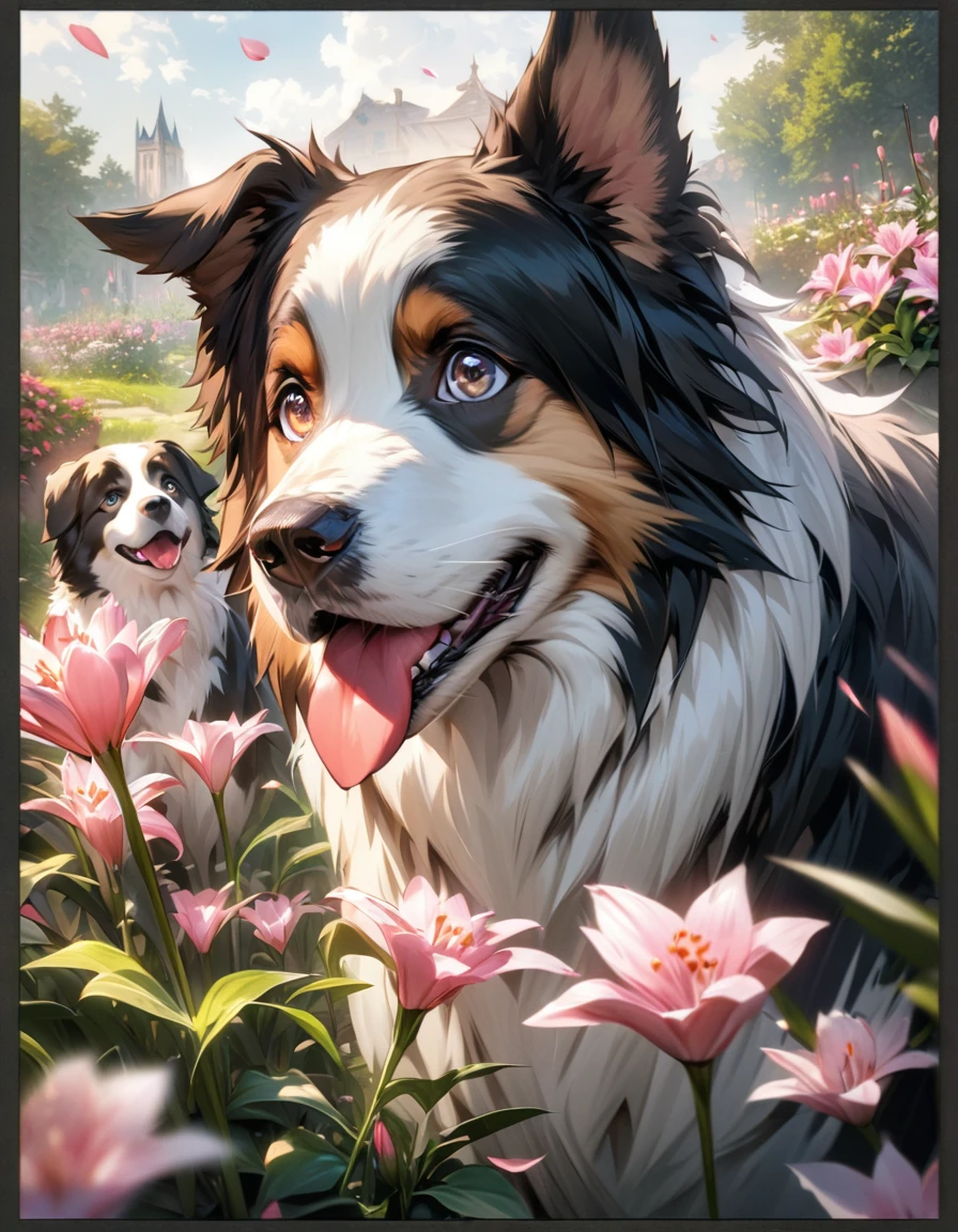 absurdres, highres, ultra detailed, HDR, masterpiece, extremely detailed face and eyes, dog, border collie, white fur, brown ears, brown around its eyes, expressive brown eyes, cute, garden, pink lilies, pink petals 