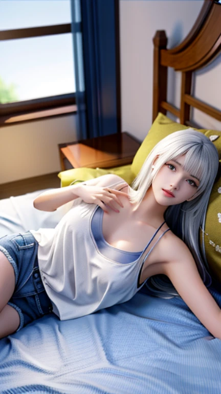 masterpiece，best quality，official art，Maximum resolution，（detailed：1.6），sleeping girl，Stunning appearance，Perfect body，Lie flat on your bed，look at the sky，Realistically，She wears denim shorts，Wear a see-through white tank top，Breast enlargement，Silver Hair，Solitary，3D，Beautifully，Full body female