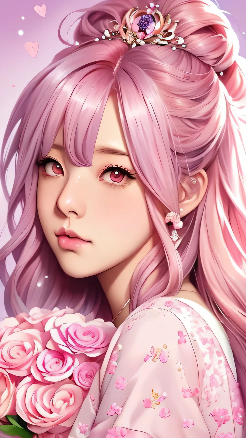Anime girl with pink hair and a bouquet in her hair, cute realistic portrait, Gweiz, magical girl portrait, cute characters, cute art style, anime moe art style, maplestory character art, Cute Portrait, cute anime girl portrait, small character portrait, artwork in the style of Gweiz, splash art anime
