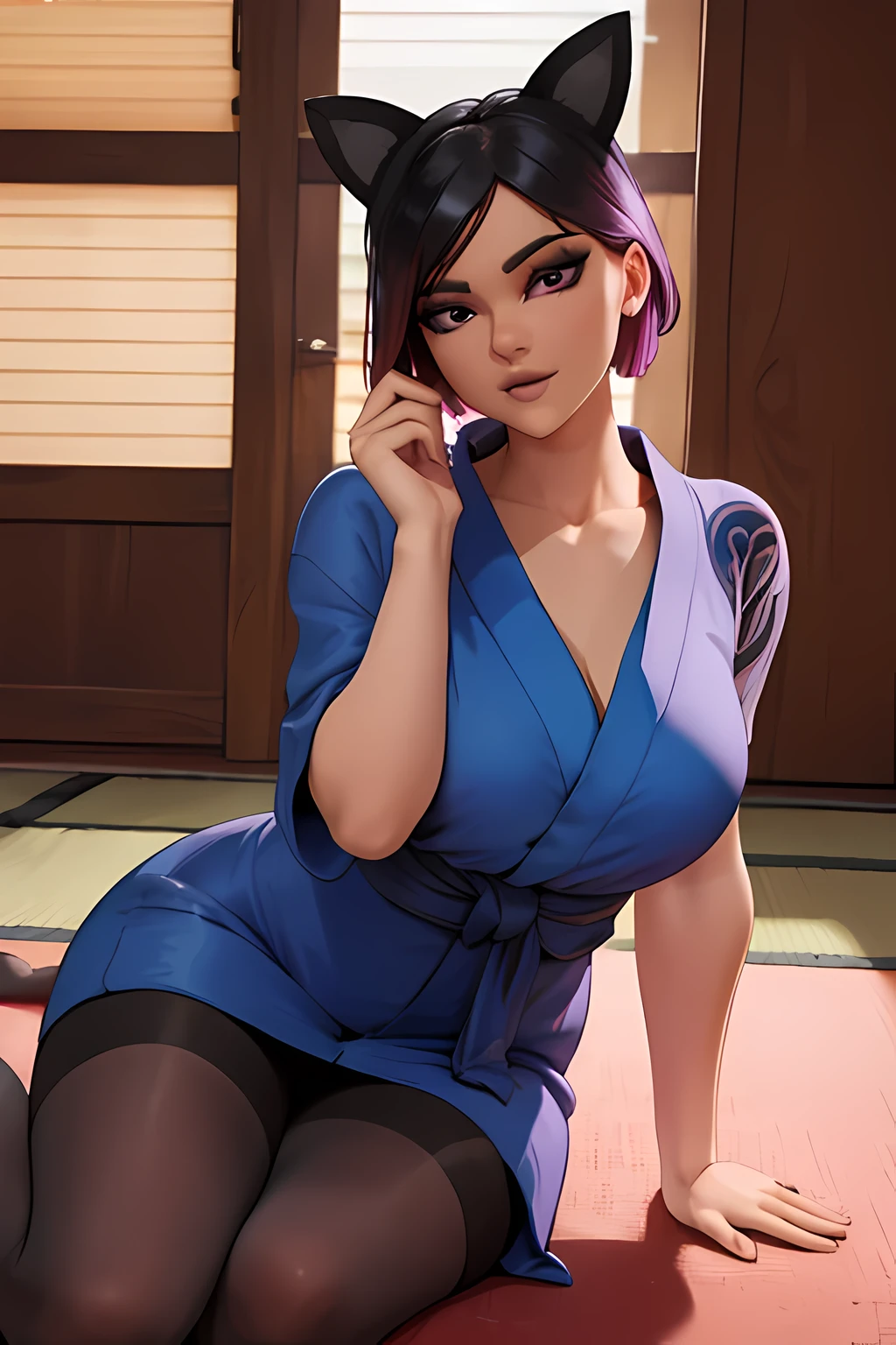 Traje de lince cyberpunk, japanese yukata dress , Noche ,Extremadamente detallado, rostro detallado,hermoso rostro, ojos finos, mirando al espectador, pose femenino.