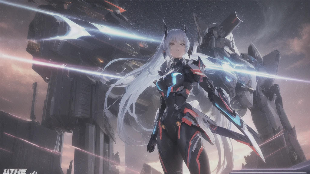 A captivating, futuristic anime-inspired 3D rendering of a powerful and determined female protagonist. Her long, flowing blue hair contrasts with her mecha-style armor, which is adorned with white, red, black, and gold details. Exuding immense power and resilience, she stands at the center of a breathtaking scene filled with celestial bodies, energy, and a stunning cityscape. The iconic "Universe Mecha" branding in chrome metal catches the eye, symbolizing advanced technology and exhilarating action. The artist's signature, "DRAGONSTEEL76," showcases their mastery of the medium. This mesmerizing cinematic illustration, featuring a perfect blend of anime elements and a futuristic, cinematic style, is ideal for packaging, posters, or promotional materials, making it a, illustration, cinematic, product, anime, 3d render, photo, poster
