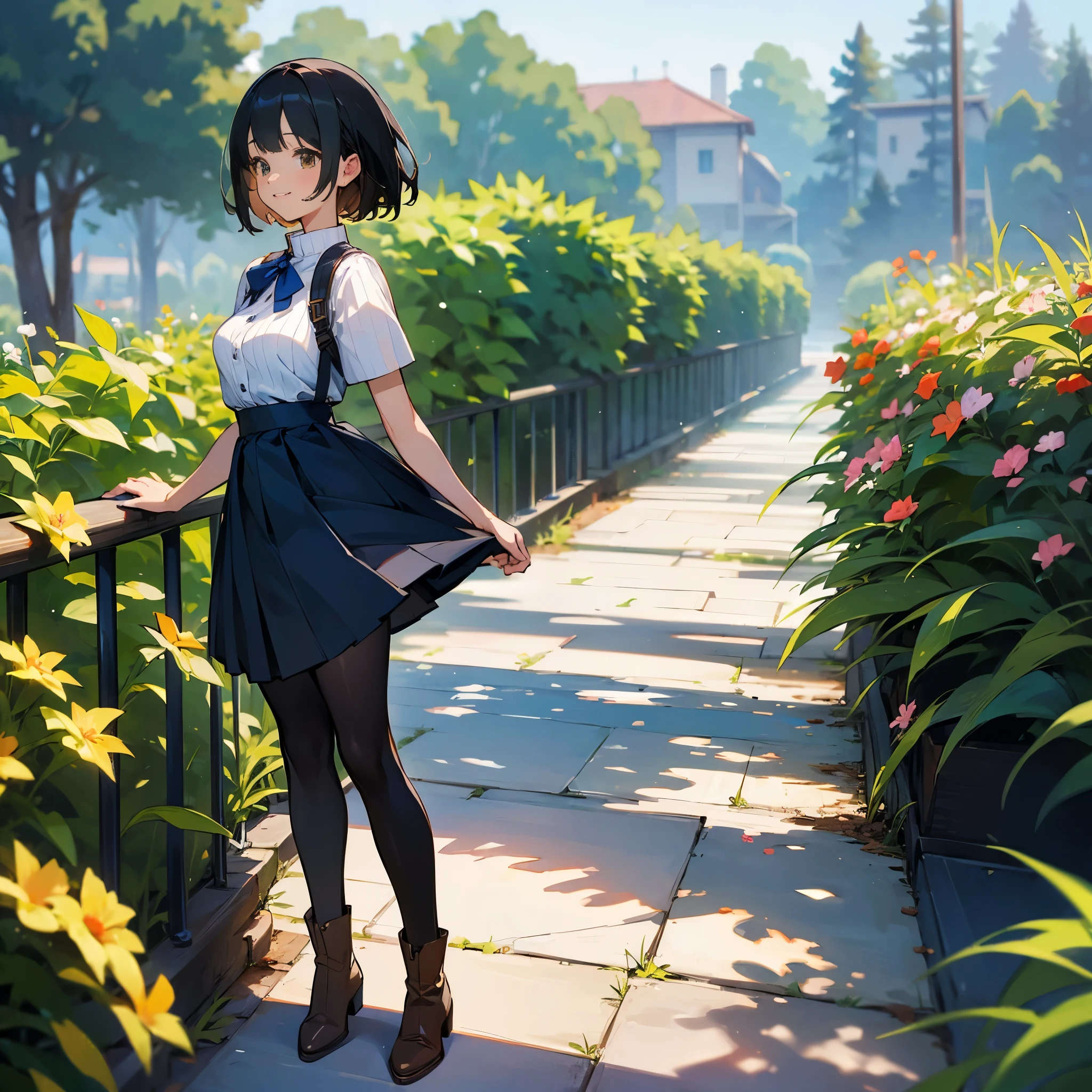 (high quality, High resolution, Very detailed, reality:1.37), Peaceful atmosphere, (Outdoor, garden), age girl standing alone, (my breasts are big.), Beautiful detail features, Cute Smile, (Black bob hair), Short sleeve ribbed sweater, Blue Skirt, black tights, Brown boots.