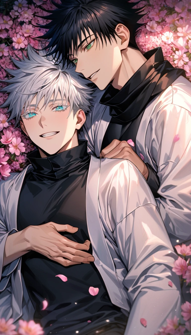 Ultra detailed, highres, absurdres, HDR, Fushiguro Megumi, black hair, green eyes, Gojou Satoru, white hair with bangs, blue eyes, white eyelashes, Jujutsu Kaisen, pink flowers, petals, fireflies, pink moon, 2 sexy men together, gay couple, handsome, very detailed face and eyes, black scarf, white haori, tone chest, love, lying down, happy,