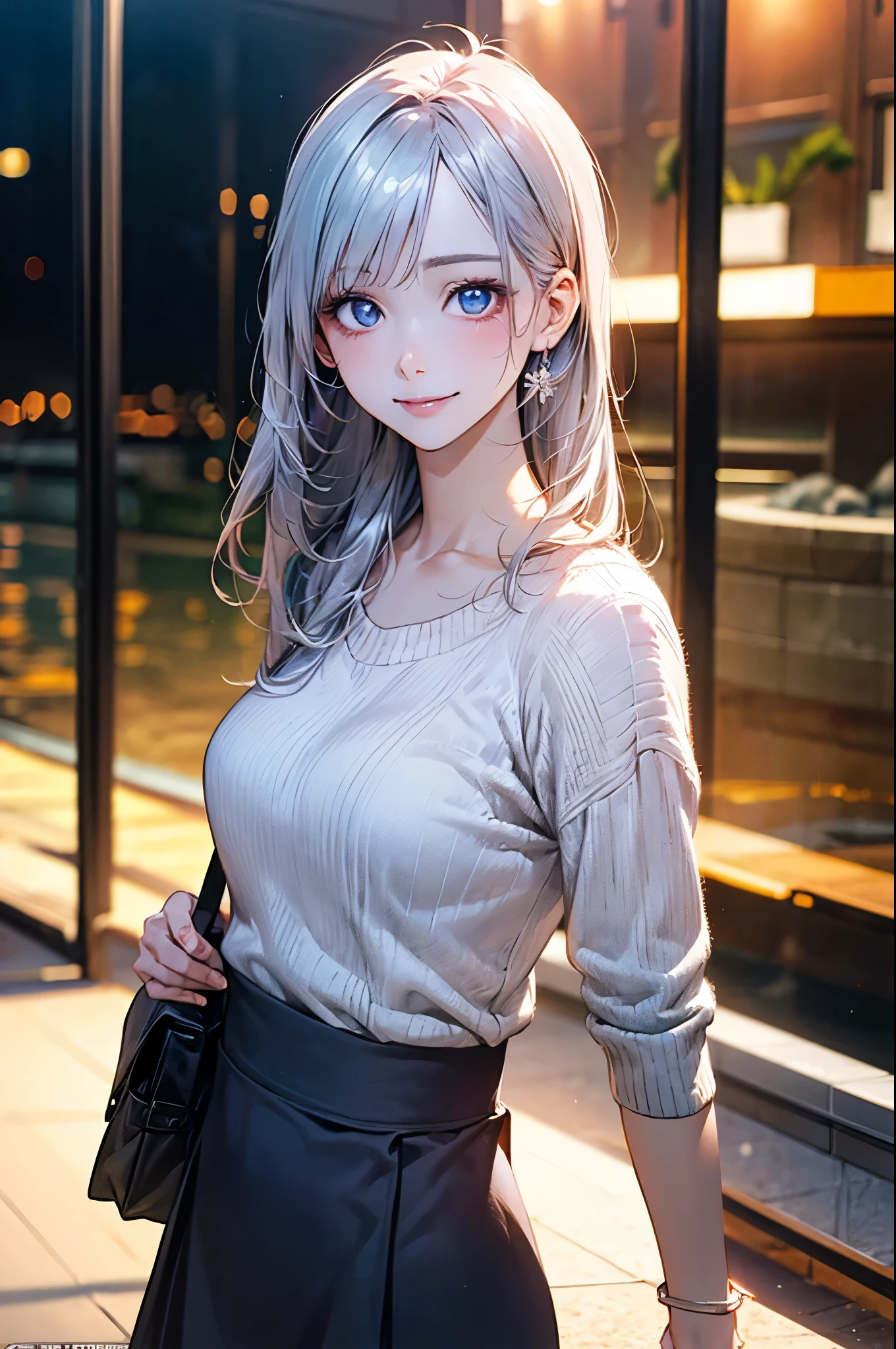 (masterpiece:1.2, top-quality), (realistic, photorealistic:1.4), beautiful illustration, (natural side lighting, movie lighting), ,
looking at viewer, (face focus, upper body), cowboy shot, 1 girl, japanese, high school girl, perfect face, babyface, (perfect ???????:1.4), cute and symmetrical face, white skin, shiny skin,
(long hair:1.2, straight hair:1.2, silver hair), bangs, blue eyes, big eyes, long eye lasher, (large breasts), slender,
beautiful hair, beautiful face, beautiful detailed eyes, beautiful clavicle, beautiful body, beautiful chest, beautiful thigh, beautiful legs, beautiful hands,
(detailed cloth texture, (pastel colors), parl-white sweater, rose-grey long skirt, black shoulder bag),
(beautiful scenery), evening, (aquarium, dolphin), walking, (happy smile),