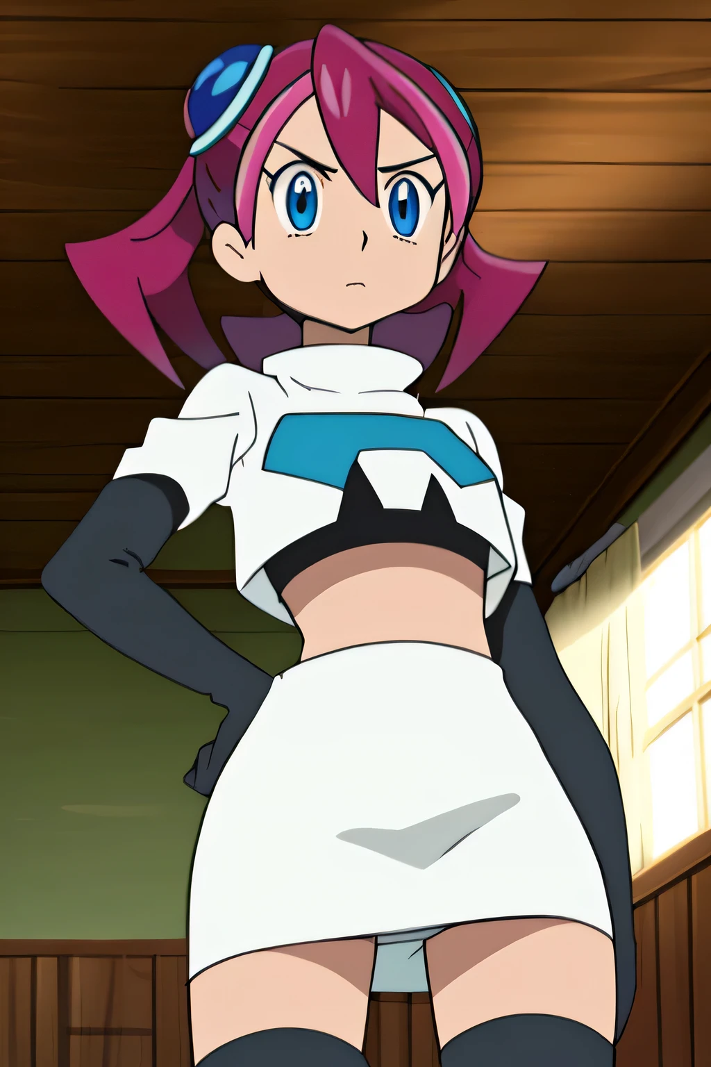 masterpiece,best quality,high res,high quality,8k, masterpiece,highres, team rocket uniform, red letter r, white skirt,white crop top,black thigh-high boots, black elbow gloves, glaring angrily, looking down at viewer, hands on hips, cowboy shot, zettai ryouiki,spread legs,from below, black panties,anime style, vivid colors, sharp focus, intense lighting,Yuzu Hiiragi,pink hair, blue eyes,hair ornaments, twintails
