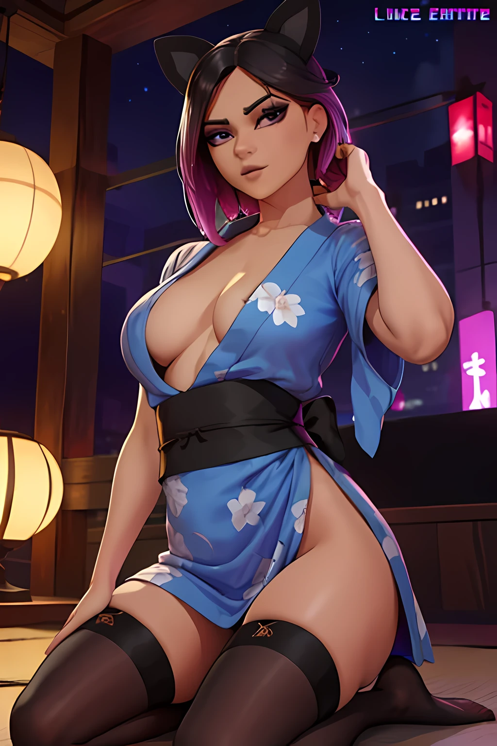 lince , japanese yukata dress with velvet stockings ,Noche ,Extremadamente detallado, rostro detallado ,hermoso rostro, ojos finos, mirando al espectador, pose femenino.