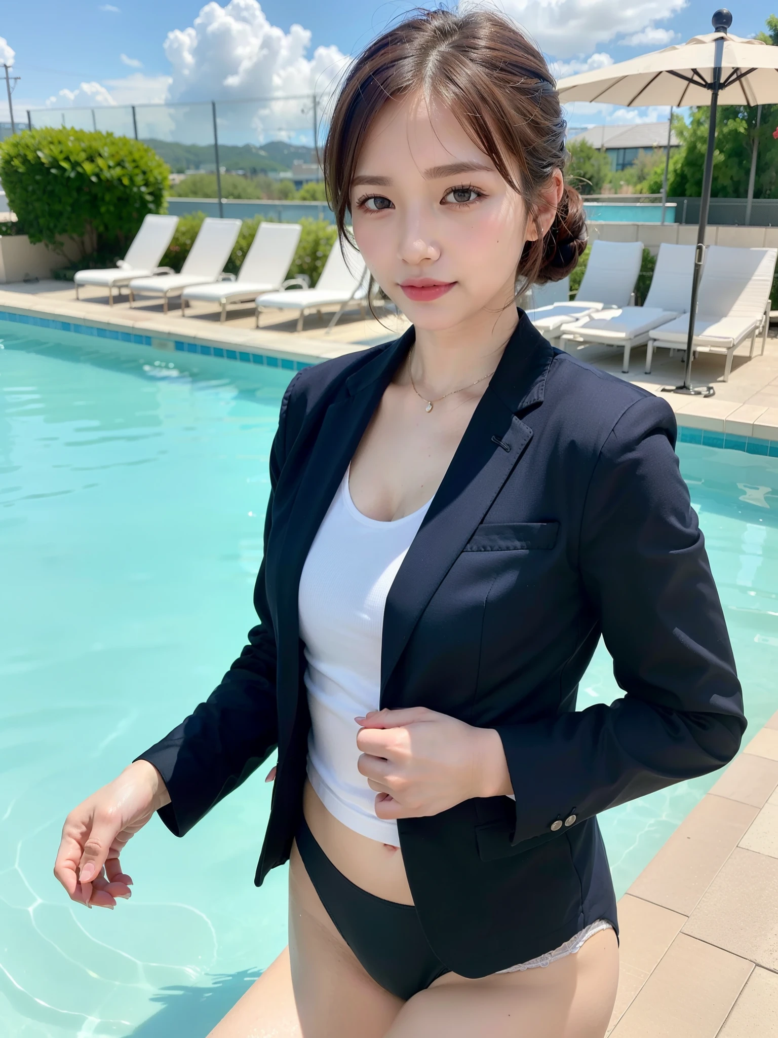 ((Best of the highest quality, 8k, Masterpiece: 1.3, raw photo)), Sharp focus: 1.2, (1 AESPA, slim body type female, 21 y/o: 1.1), (Solo: 1.2), (realistic, photo-realistic:1.37), face focus, cute face, finely eyes, (small breasts, flat chest, Thigh: 1.3), (short messy hair, updo: 1.28), (business suit jacket, neat panties: 1.32), in the pool, flower, rose