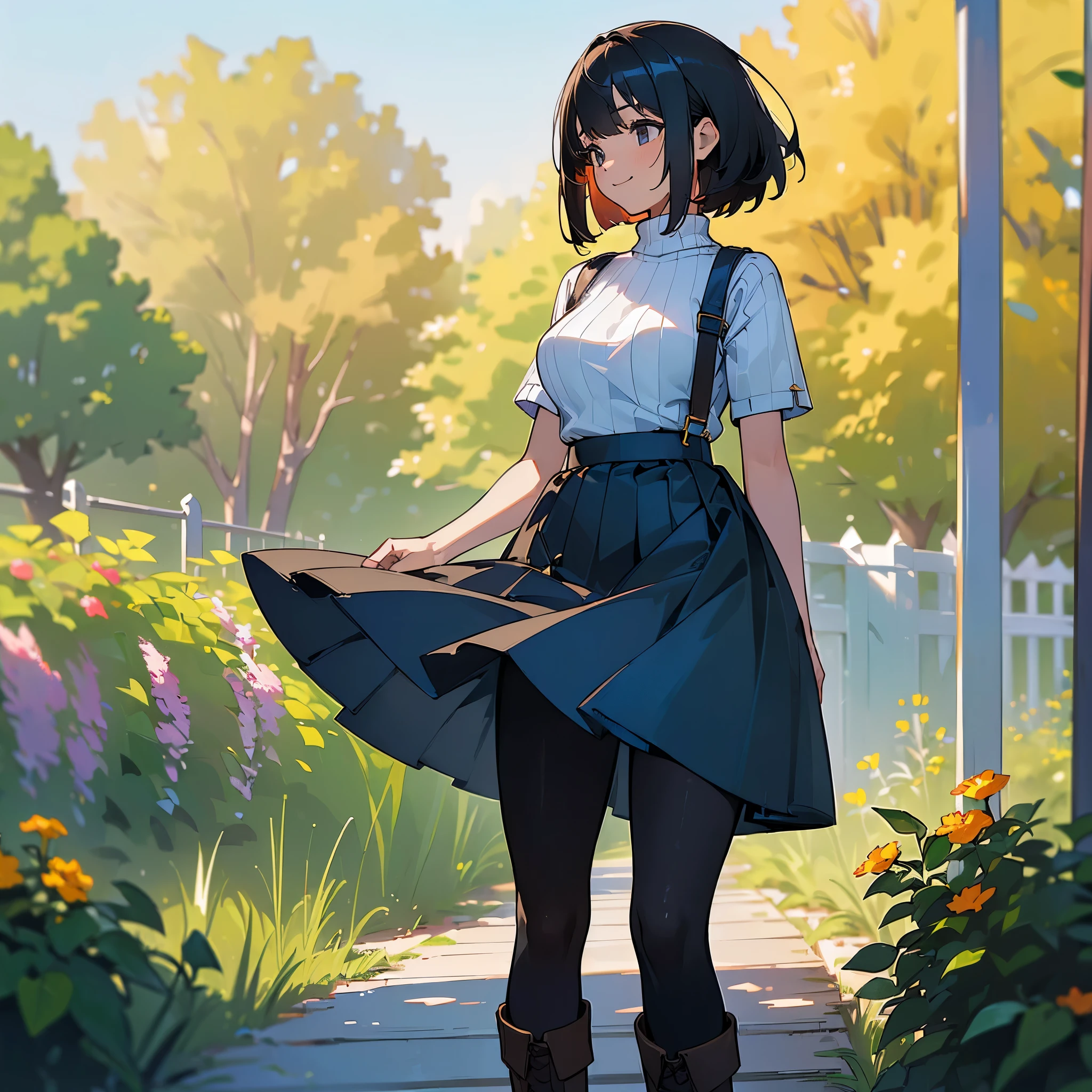(high quality, High resolution, Very detailed, reality:1.37), Peaceful atmosphere, (Outdoor, garden), teenage girl standing alone, (my breasts are big.), Beautiful detail features, Cute Smile, (Black bob hair), Short sleeve ribbed sweater, Blue Skirt, black tights, Brown boots.