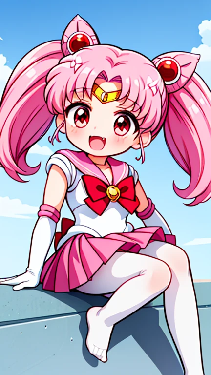 Sailor Moon，young年，Seven years old，cute，（Little Loli），Pink hair twintails，short hair，Sailor Suit，Red bow，White elbow gloves，Red Skirt，No shoes，Open your mouth，laughing out loud，Fangs，(White pantyhose),soles of feet，Soles，(young)，(little man)，sit
