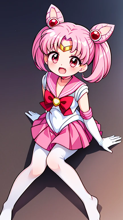 Sailor Moon，young年，Seven years old，cute，（Little ****），Pink hair twintails，short hair，Sailor Suit，Red bow，White elbow gloves，Red Skirt，No shoes，Open your mouth，laughing out loud，Fangs，(White pantyhose),soles of feet，Soles，(young)，(little man)，sit