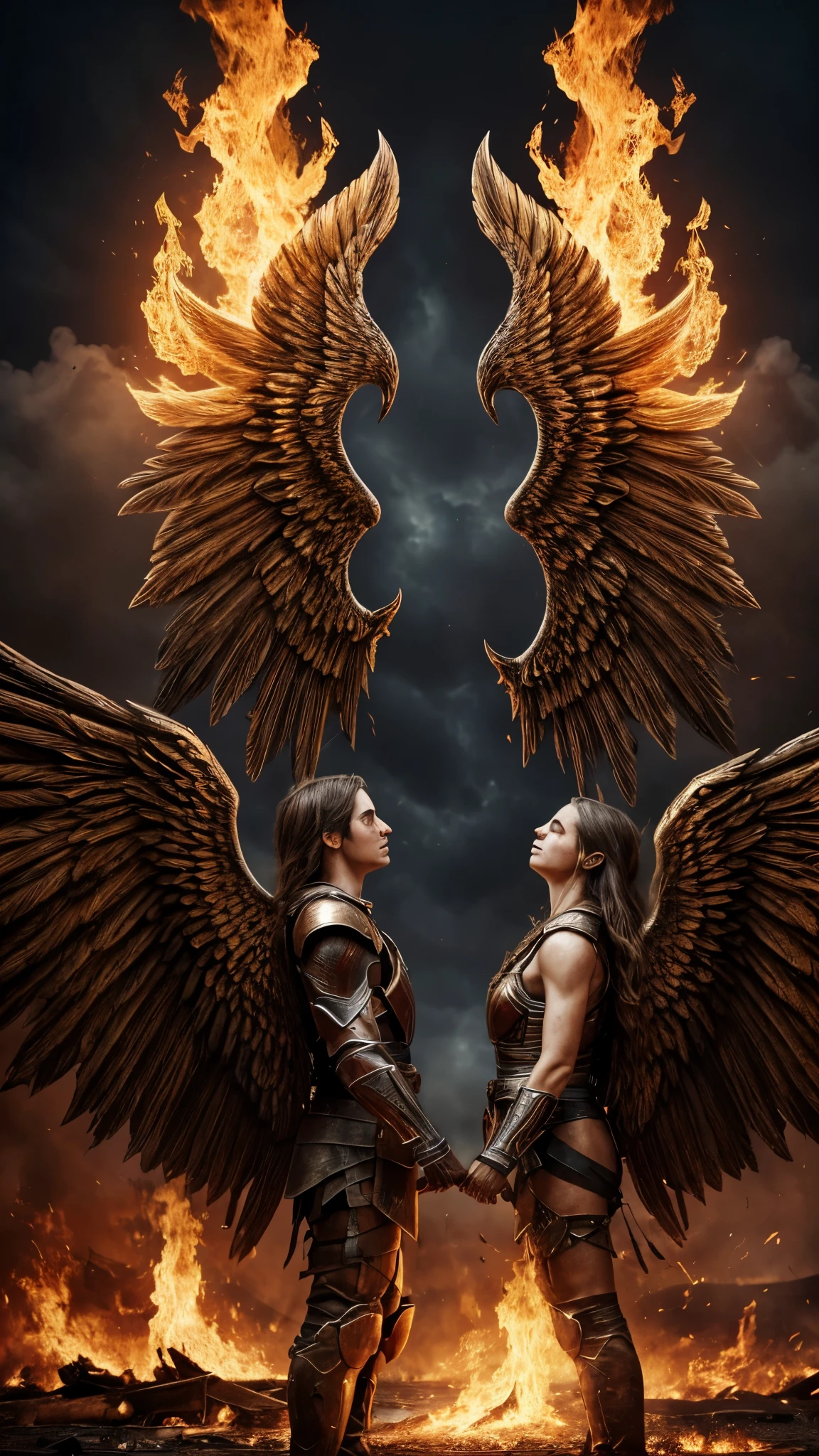 two Arch angels,one beautiful female and one strong male,in a tender moment embracing each other with the fires of hell behind them, they look exhausted, they have been involved in a fierce battle for a long time, weathered and beaten, but not defeated, still standing together.
(best quality,4k,8k,highres,masterpiece:1.2),ultra-detailed,(realistic,photorealistic,photo-realistic:1.37), intense fighting, dramatic lighting, powerful wings, heavenly aura, celestial beings, divine armor, worn-out and torn clothing, determination in their eyes, fiery background, smoke and flames, golden and red color palette, epic battle scars.