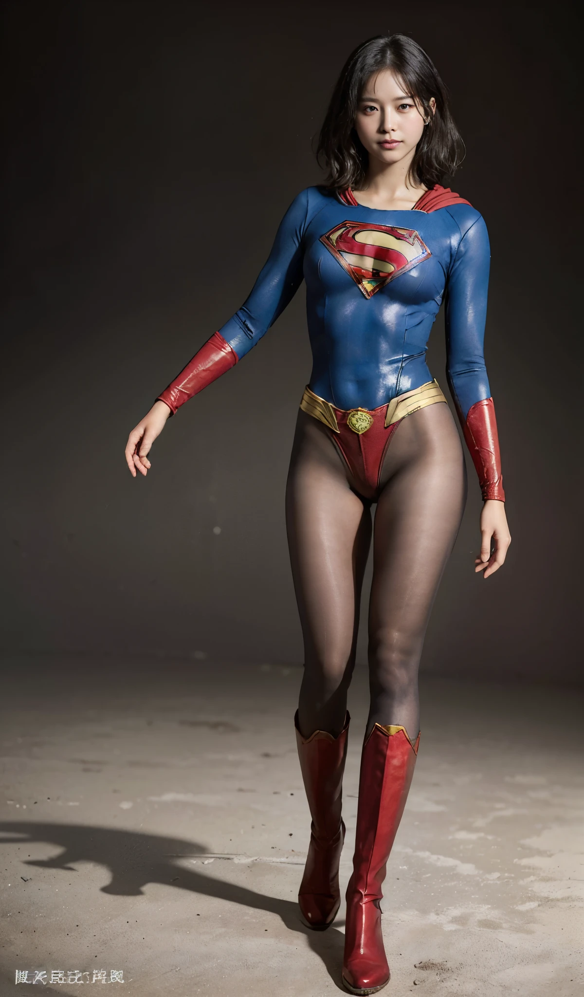 No background、(((Beautiful legs in black tights.)))、(((Legally express the beauty of your smile)))、((((Make the most of your original images)))、(((Supergirl Costume)))、(((beautiful short bob hair)))、(((suffering)))、(((Please wear black tights....、Wear red boots)))、((Best image quality、8K))、((highest quality、8K、masterpiece:1.3))、(((Preserve background )))、Sharp focus:1.2、Beautiful woman with perfect figure:1.4、Thin abdominal muscles:1.2、Wet body:1.5、Highly detailed face and skin texture、8K